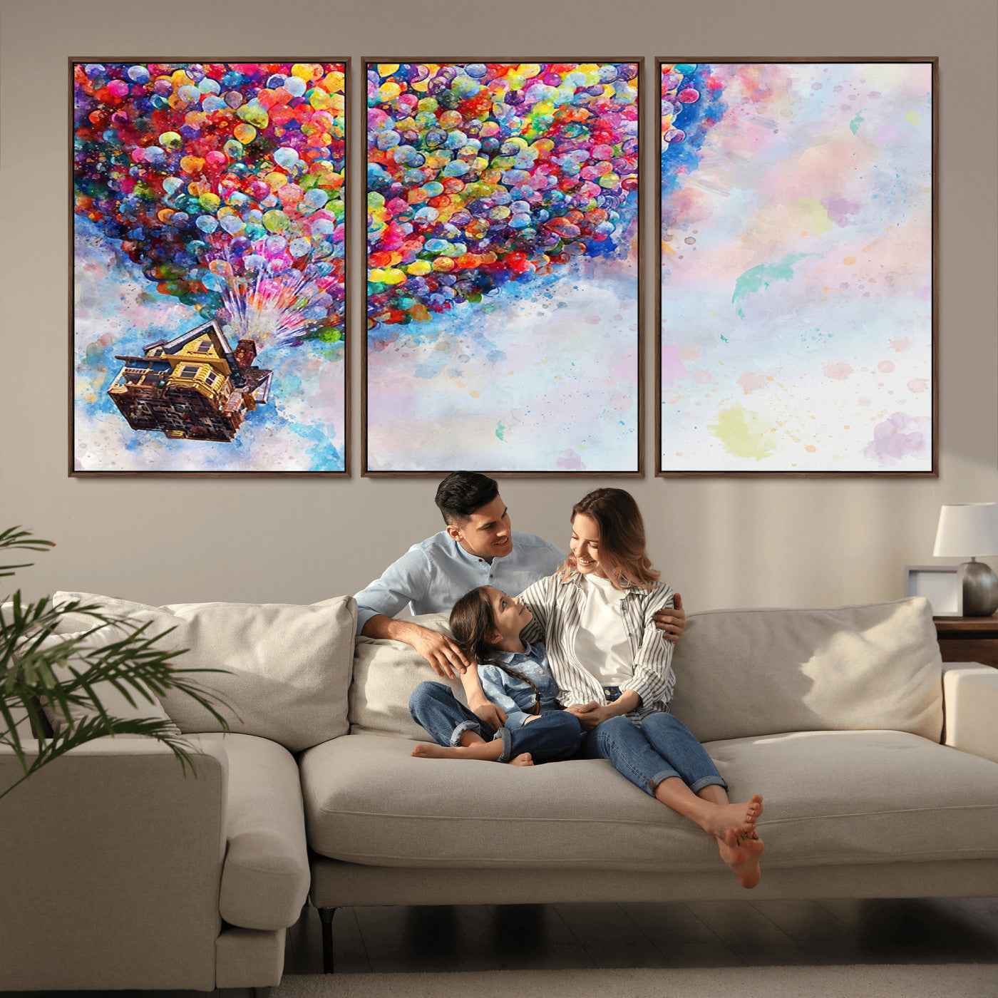 18792-MGV-FC-60X30-3P_Walnut-Up Movie House Wall Art Canvas Print, Framed Carls Journey Art Picture Print, Up Inspired Perfect Animated Whimsical Decor Artwork