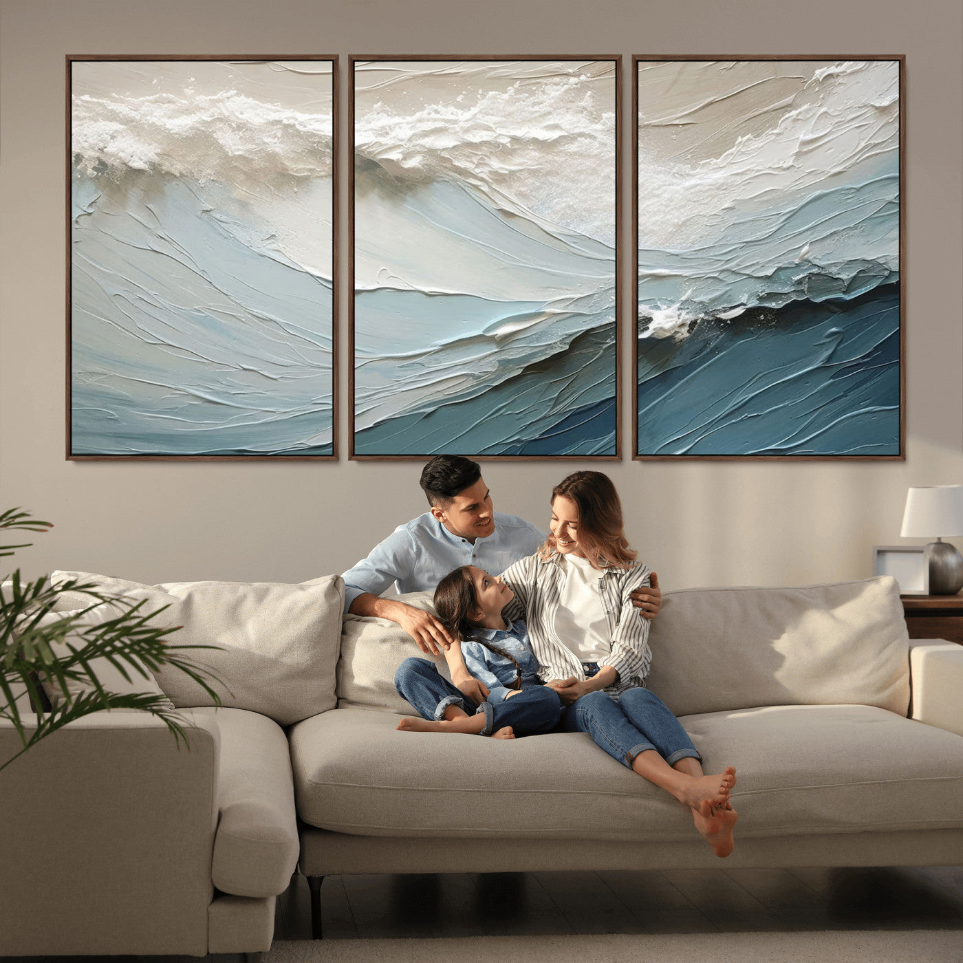 53646-MGV-FC-60X30-3P_Walnut-Ocean Wave Wall Art Canvas Print, Framed Textured Seascape Art Picture Print, Modern Ocean Perfect Minimal Coastal 2/2 Decor