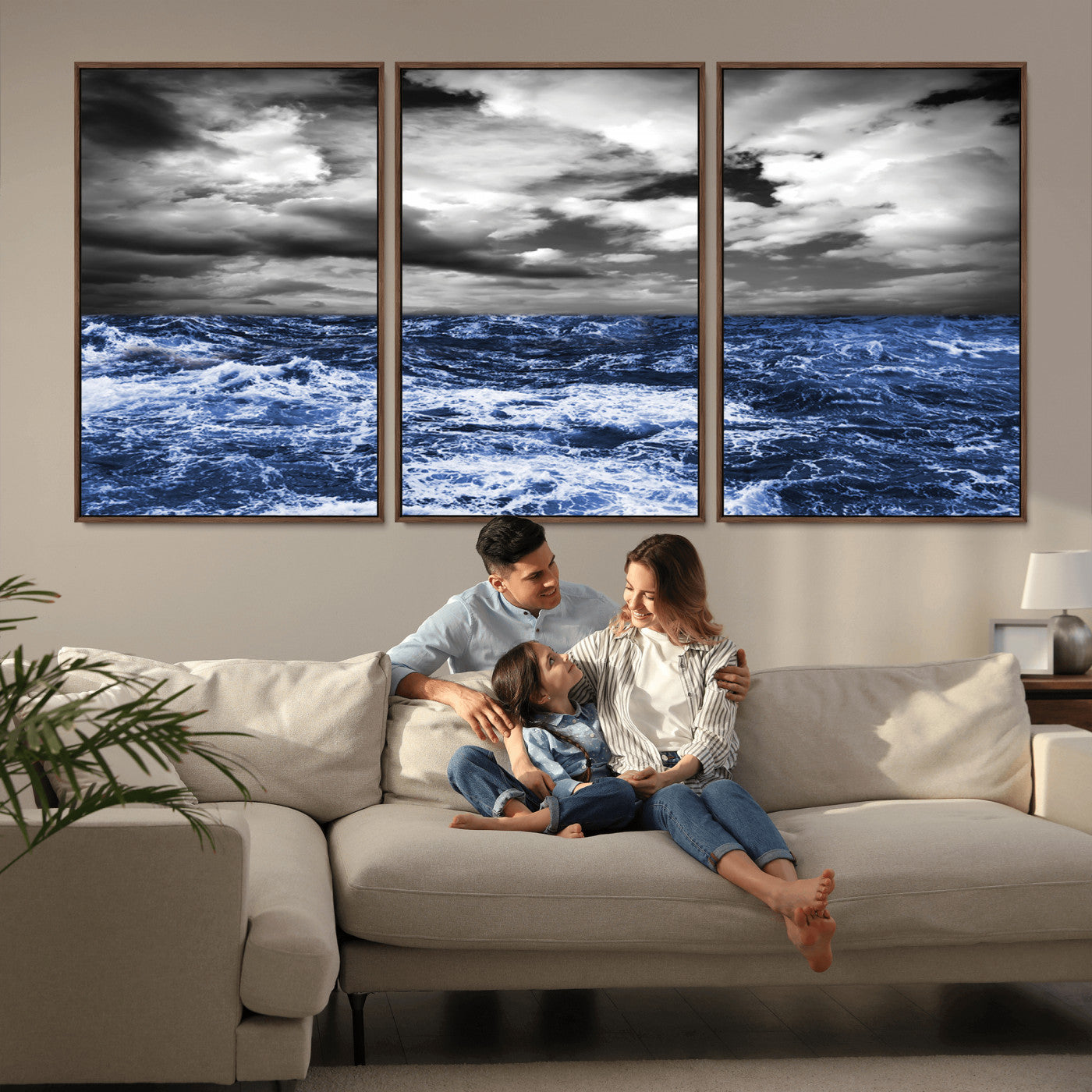 91043-MGV-FC-60X30-3P_Walnut-Stormy Ocean Wall Art Canvas Print, Framed Moody Seascape Art Picture Print, Monochrome Sea Perfect Coastal Drama Decor Artwork