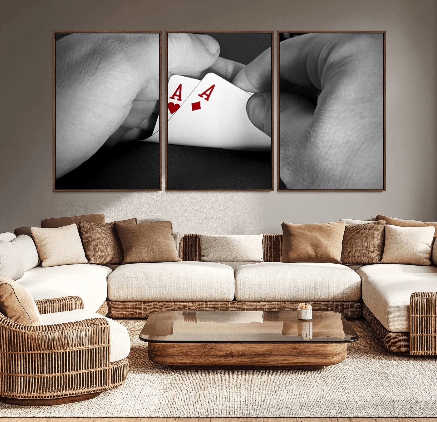 62460-MGV-CV-36X24-Poker Game Wall Art – Close Up of Hands Holding Aces with Chips, Casino Style Decor for Game Room, Man Cave or Office