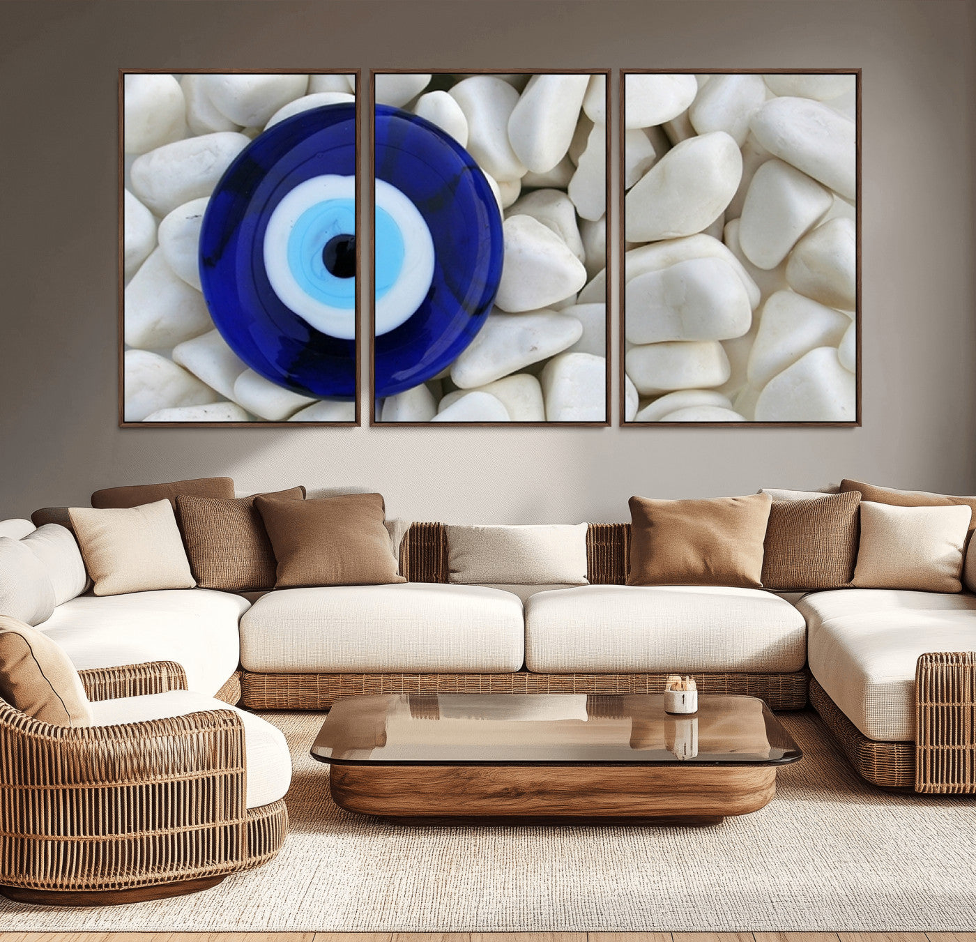48883-MGV-CV-36X24-Evil Eye Wall Art – Deep Blue Symbol of Presence and Calm on White Stones, Subtle Spiritual Decor for Entryway, Studio, Office or