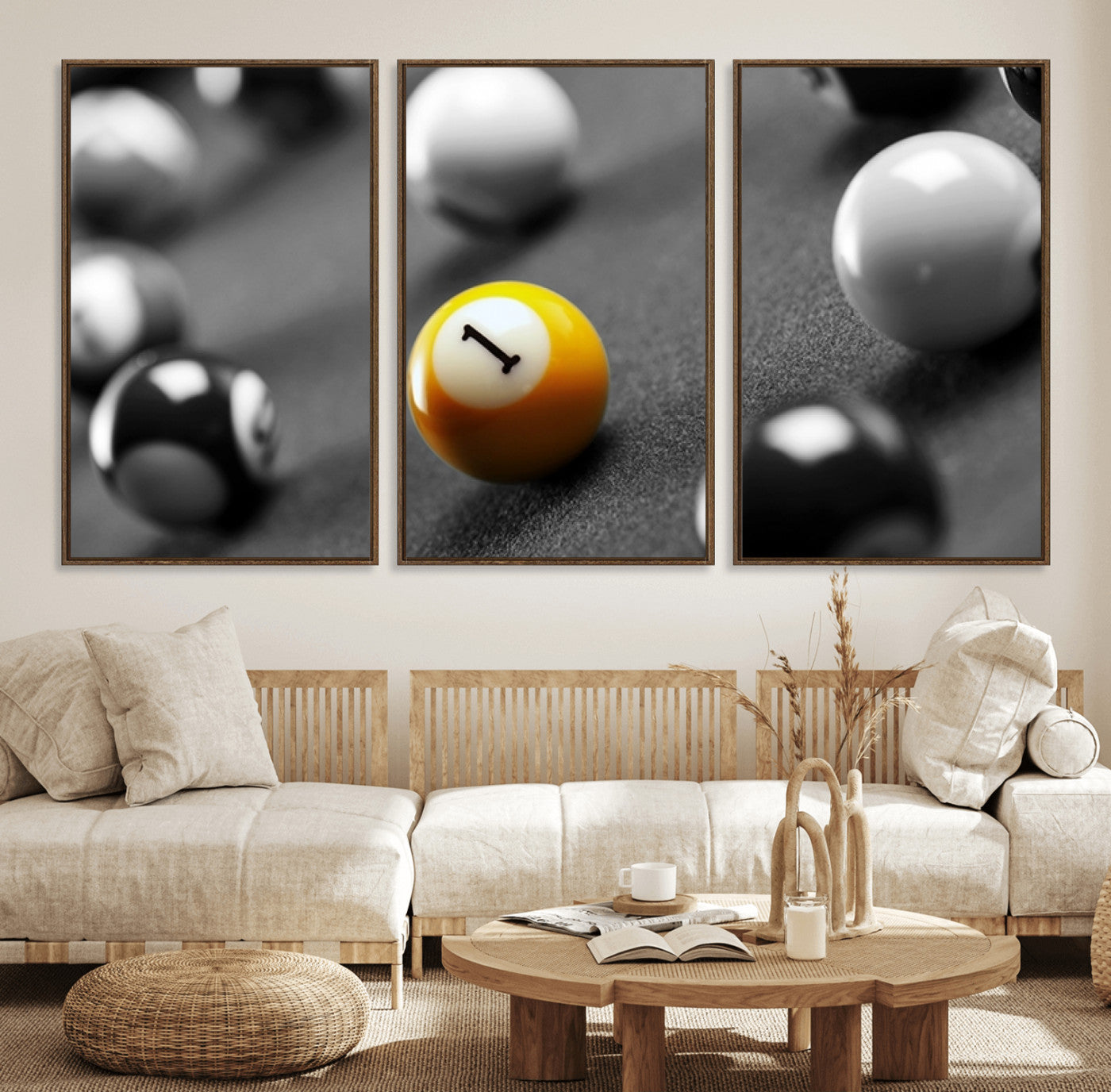 52108-MGV-FC-60X30-3P_Walnut-Precision Pool Table Wall Art – Close Up Yellow 1 Ball Canvas Print, Hand-Played Billiards Game Decor for Office, Game Room, or