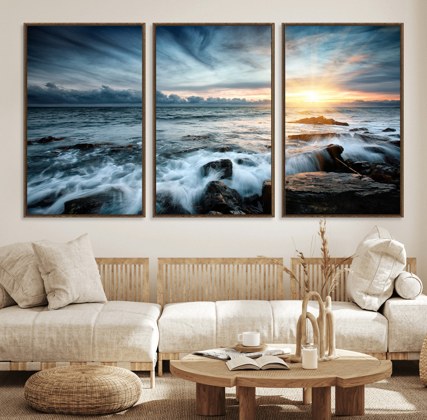 33428-MGV-FC-60X30-3P_Walnut-Ocean Sunrise Wall Art – Serene Seascape Canvas Print, Coastal Home or Office Decor, Perfect for Living Room, Bedroom, or Study