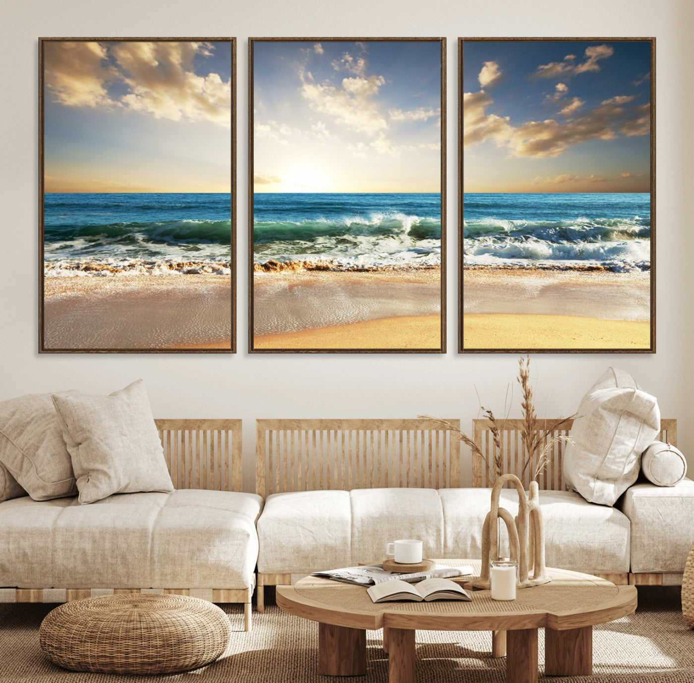 13139-MGV-FC-60X30-3P_Walnut-Sunrise Beach Wall Art – Ocean Waves and Golden Sand Canvas Print, Coastal Home Decor for Living Room, Bedroom, or Office