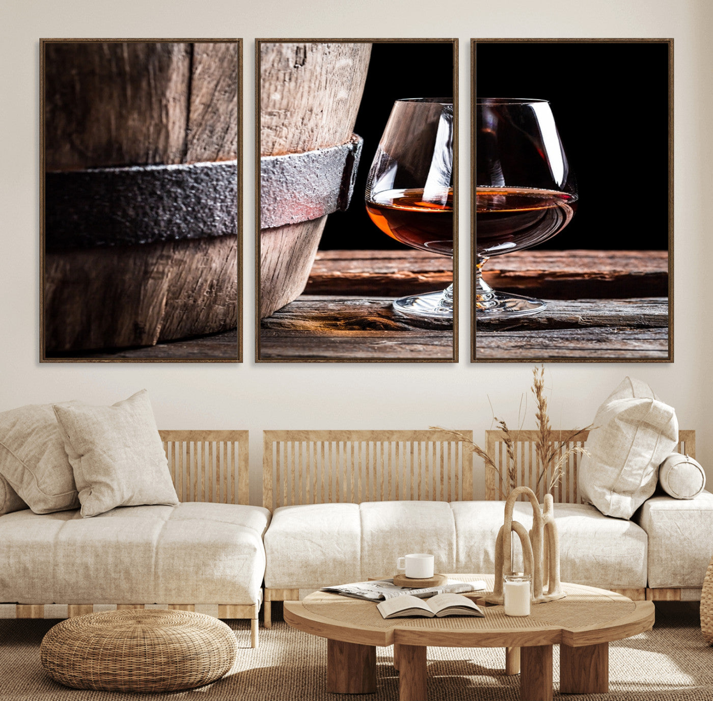 50839-MGV-FC-60X30-3P_Walnut-Barrel & Brandy Wall Art – Rustic Whiskey Barrel and Brandy Glass Canvas Print, Elegant Home Bar or Lounge Decor for Office, Man
