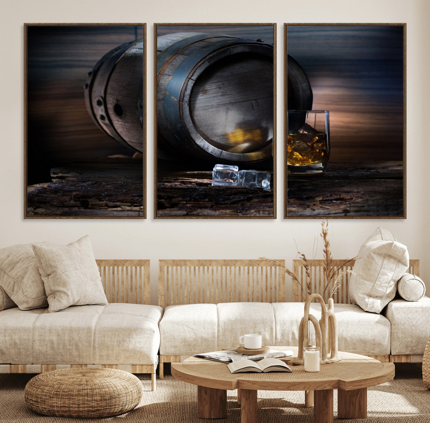 78049-MGV-FC-60X30-3P_Walnut-Whiskey Barrel Wall Art – Rustic Whiskey Barrel and Glass with Ice Canvas Print, Classic Bar or Lounge Decor for Home, Office, or