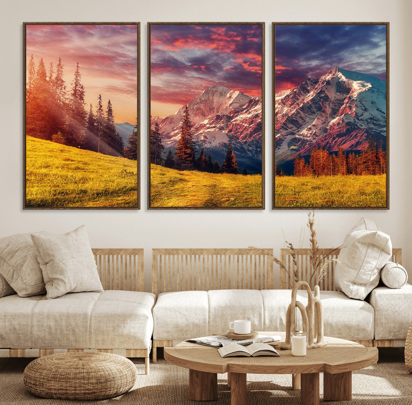 83947-MGV-CV-36X24-Sunset Mountain Landscape Wall Art – Panoramic Alpine Meadow and Snow Capped Peaks Canvas Print, Nature Scenic Decor for Home,