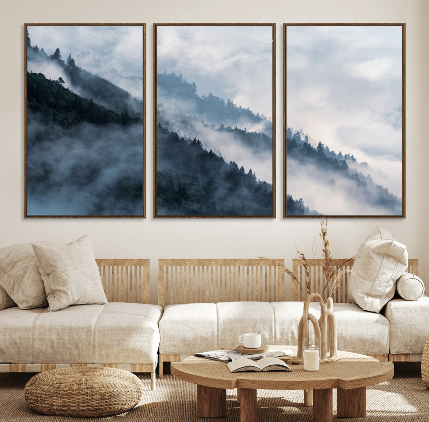 85737-MGV-FC-60X30-3P_Walnut-Misty Mountain Wall Art – Atmospheric Pine Forest Canvas Print with Fog and Mist, Calm Nature Decor for Living Room, Bedroom,
