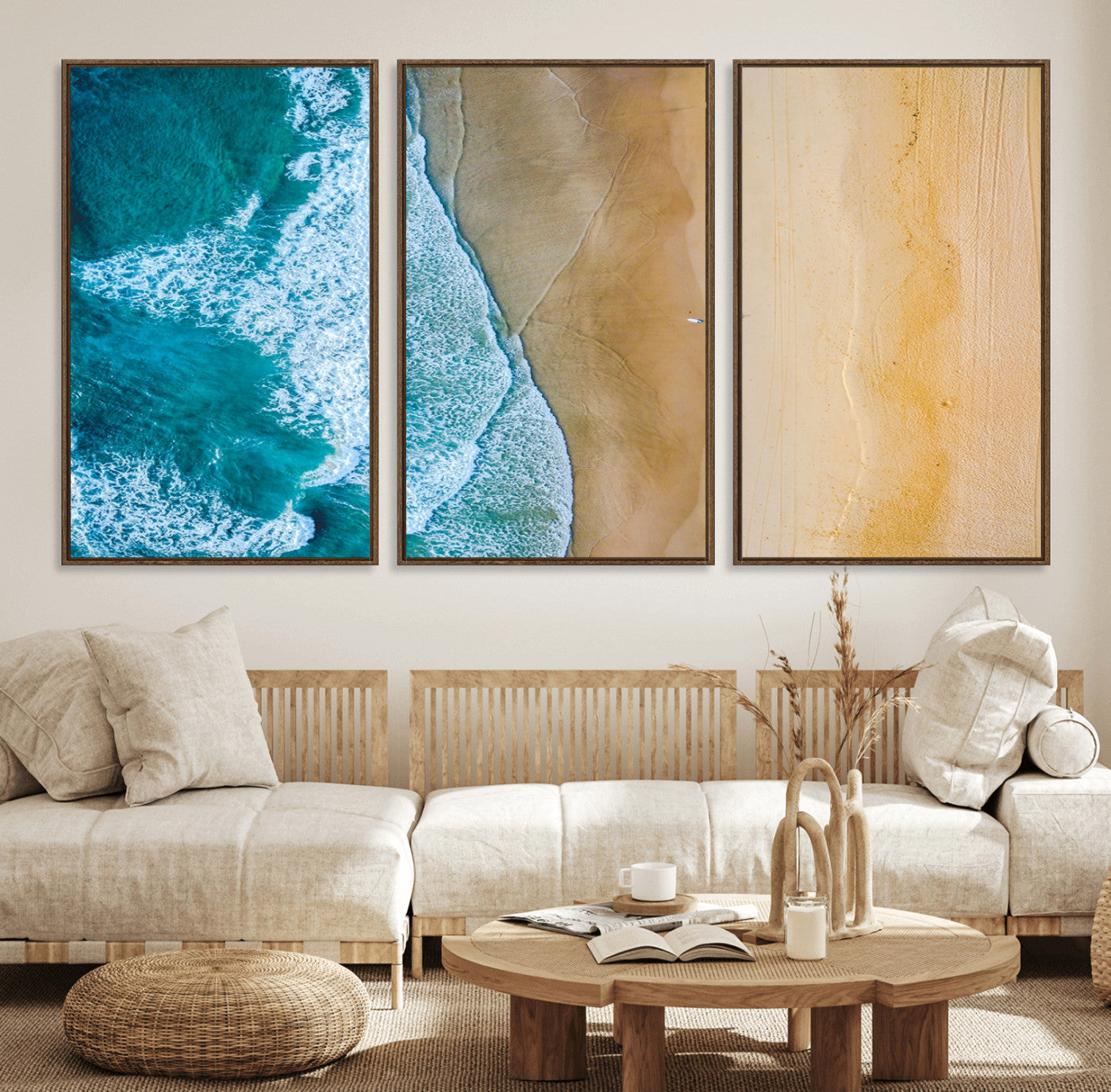 46640-MGV-FC-60X30-3P_Walnut-Aerial Beach Wall Art – Turquoise Waves and Golden Sand Canvas Print with Lone Surfer, Coastal Ocean Decor for Living Room,