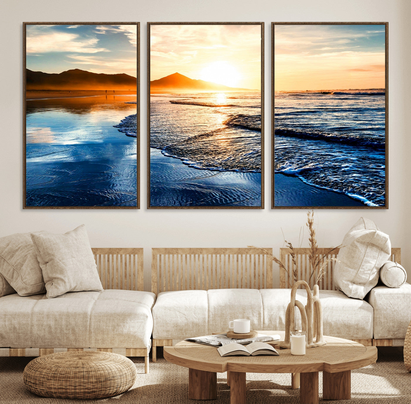 86173-MGV-FC-60X30-3P_Walnut-Golden Sunset Beach Wall Art – Reflective Ocean Canvas Print with Mountains and Waves, Coastal Nature Decor for Living Room,