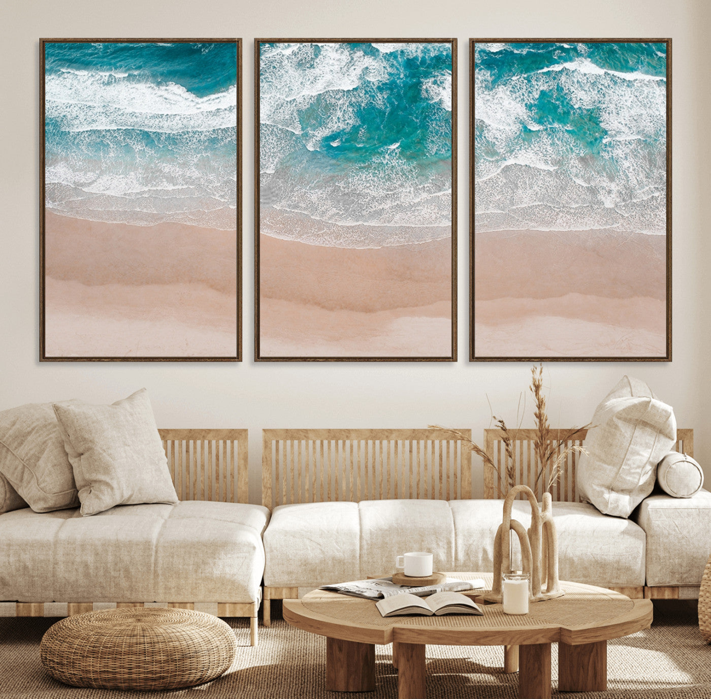 39236-MGV-FC-60X30-3P_Walnut-Ocean Beach Wall Art – Aerial View of Waves and Sand Canvas Print, Coastal Home Decor for Living Room, Bedroom, Office or Beach