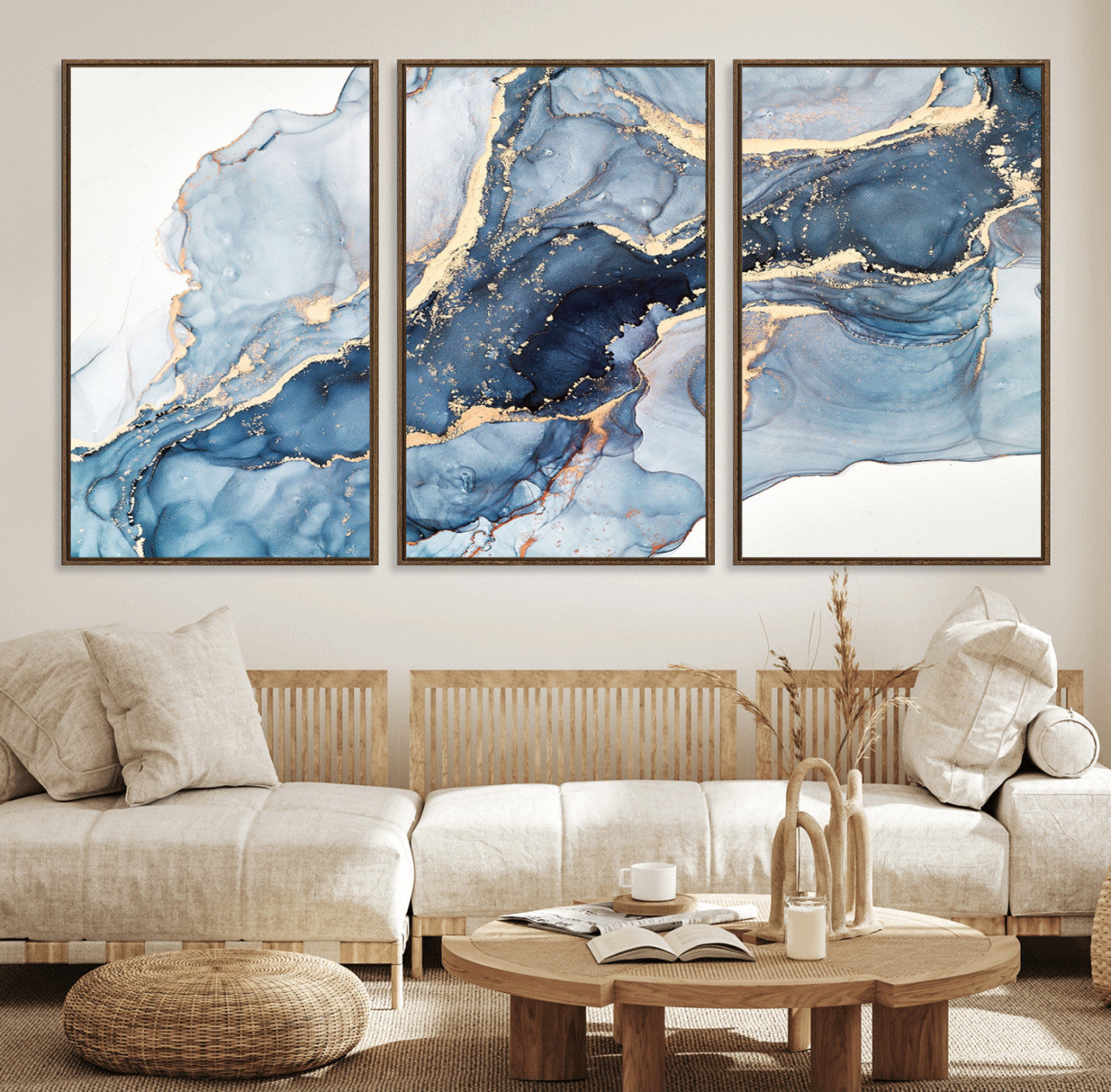 33782-MGV-FC-60X30-3P_Walnut-Abstract Marble Wall Art – Blue & Gold Fluid Painting Canvas Print, Modern Home Decor for Living Room, Bedroom or Office