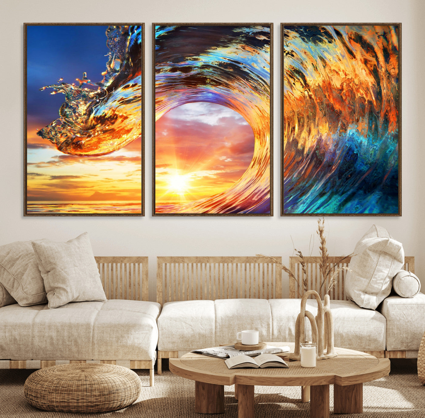 52890-MGV-FC-60X30-3P_Walnut-Surfing Wave Wall Art Canvas Print, Framed Sunset Ocean Art Picture Print, Ocean Wave Perfect Nautical Decor Artwork