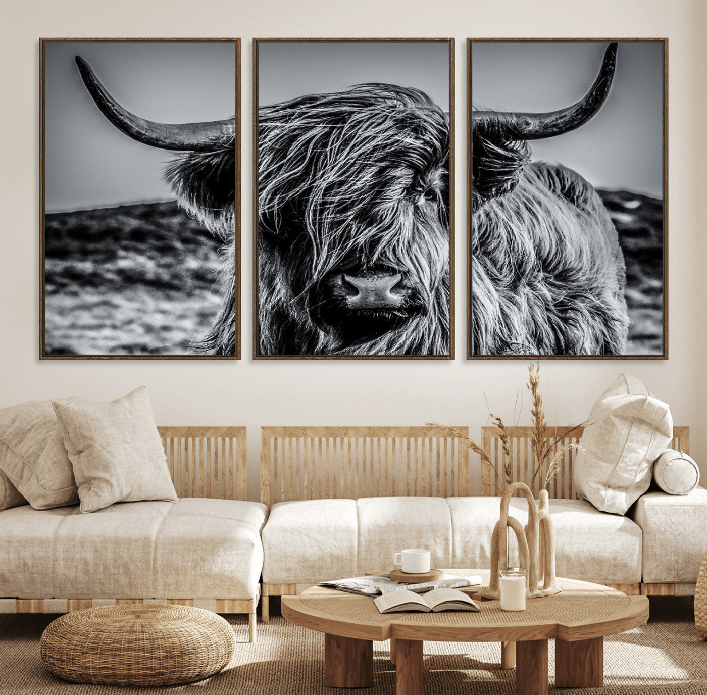 97372-MGV-FC-60X30-3P_Walnut-Elegant Highland Cow Wall Art – Black and White Canvas Print, Rustic Nature Decor for Home, Office, Living Room or Man Cave