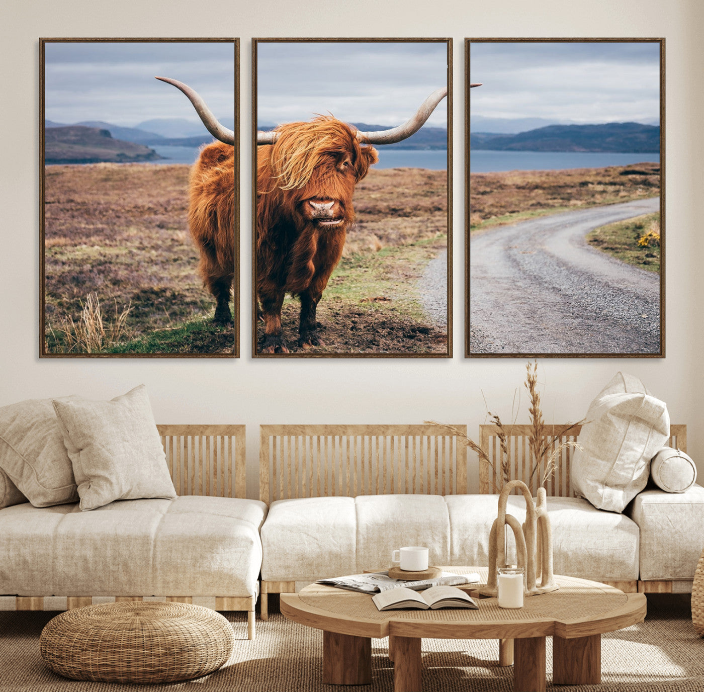 56121-MGV-FC-60X30-3P_Walnut-Rustic Highland Cow Wall Art – Panoramic Nature Canvas Print, Perfect Decor for Home, Office, Living Room or Man Cave