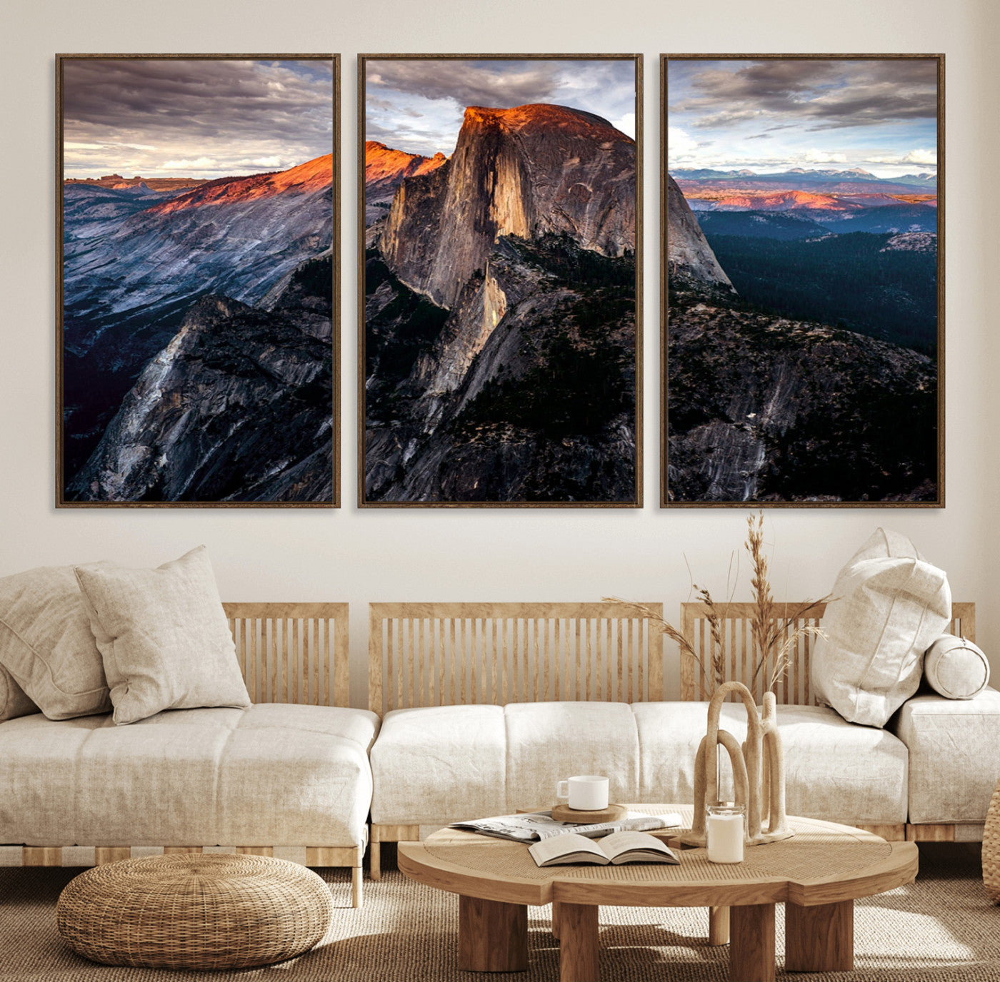 31332-MGV-FC-60X30-3P_Walnut-Mountain Landscape Wall Art – Majestic Sunset Rock Formation Canvas Print, Nature Scenic Decor for Living Room, Office, Cabin or
