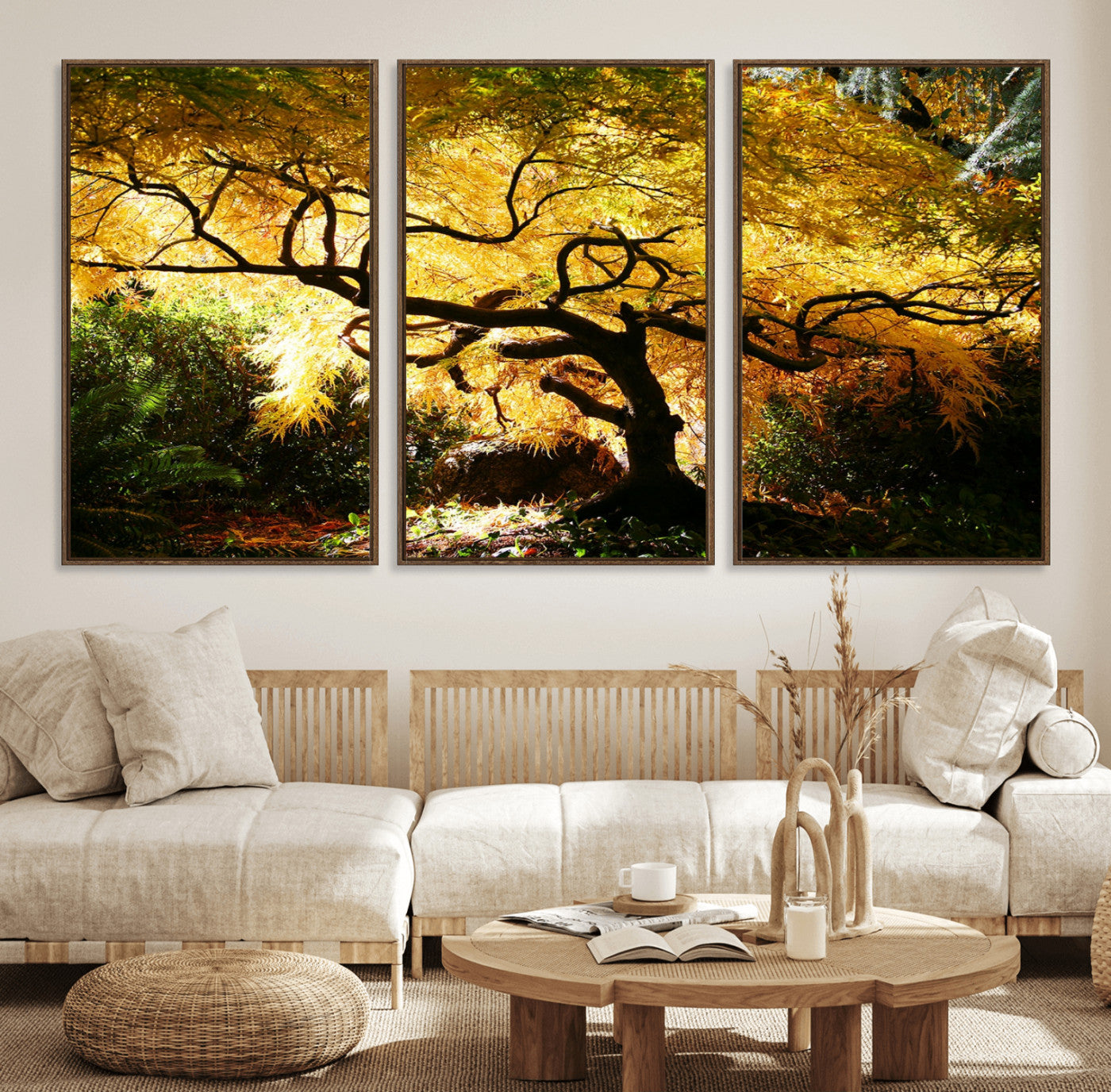 19067-MGV-FC-60X30-3P_Walnut-Golden Canopy Wall Art – Panoramic Autumn Tree Canvas Print, Warm Seasonal Decor for Living Room, Office or Garden Space