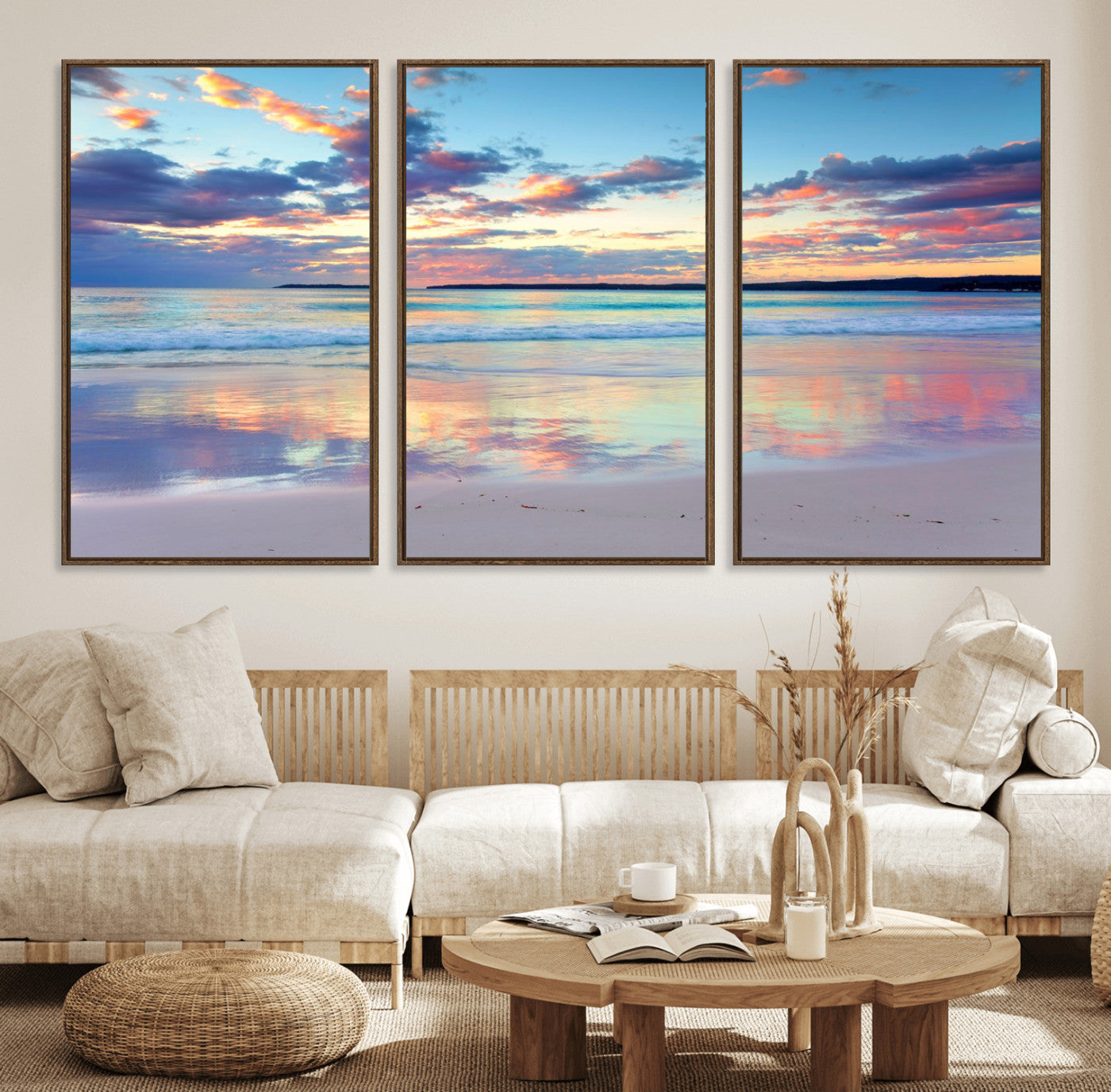 64882-MGV-FC-60X30-3P_Walnut-Tranquil Sunset Beach Wall Art – Panoramic Ocean Reflection Canvas Print, Calm Coastal Decor for Bedroom, Living Room or Office
