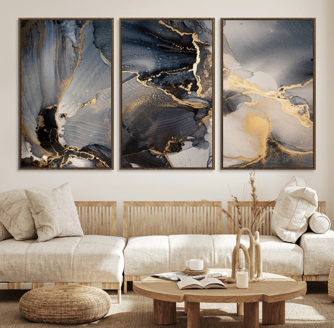 24068-MGV-FC-60X30-3P_Walnut-Luxury Abstract Wall Art – Gold & Gray Fluid Ink Painting Canvas, Modern Metallic Home Decor, Elegant Office or Living Room Accent