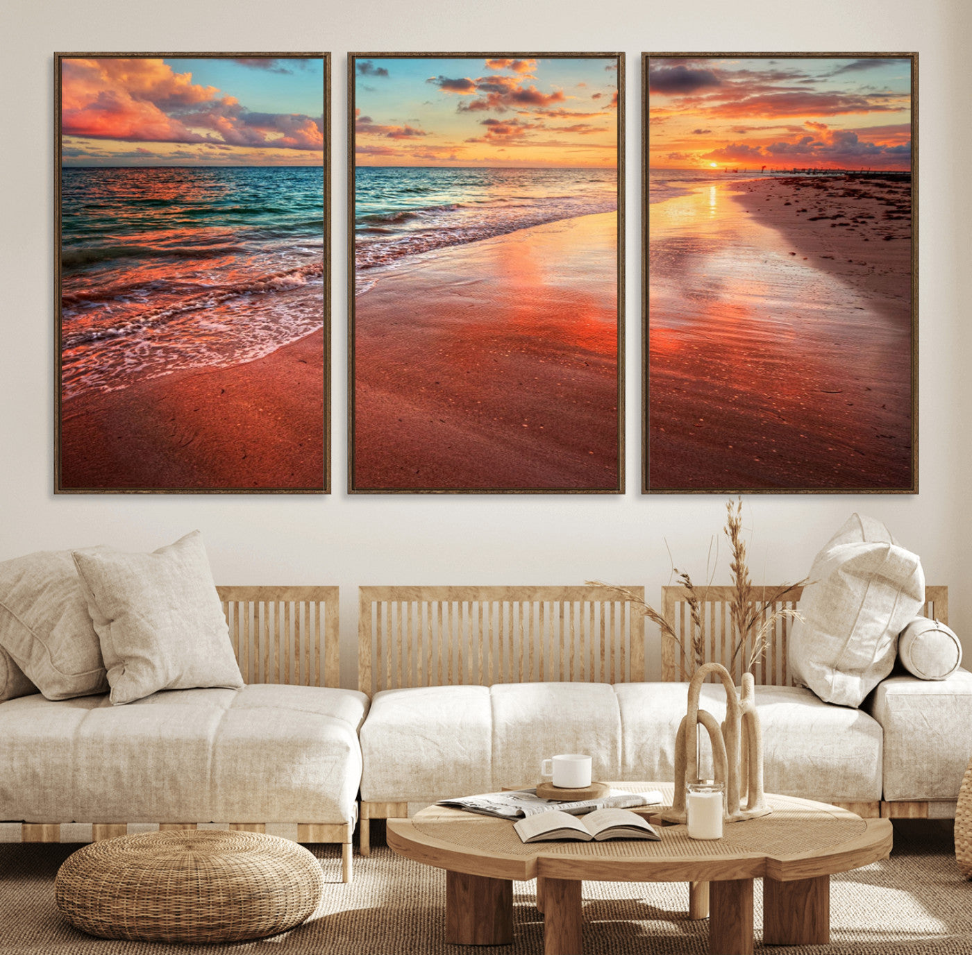 77723-MGV-FC-60X30-3P_Walnut-Sunset Beach Wall Art – Vibrant Ocean Canvas Print, Coastal Landscape Decor for Living Room, Bedroom or Office, Relaxing Tropical