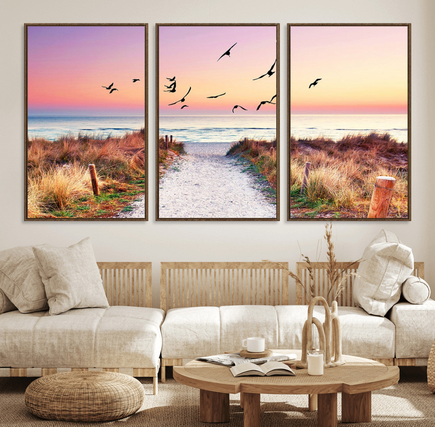 54411-MGV-CV-36X24-Beach Path with Birds Wall Art – Coastal Sunset Ocean Canvas Print, Seaside Nature Landscape Photography for Living Room, Bedroom