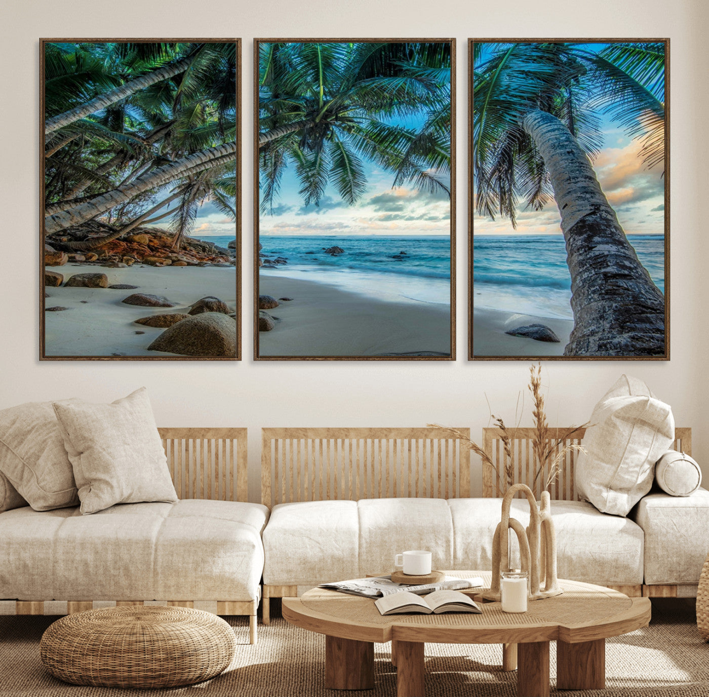 39679-MGV-CV-36X24-Tropical Palm Beach Wall Art – Serene Ocean Canvas Print with Palm Trees and Rocks, Coastal Paradise Decor for Living Room or