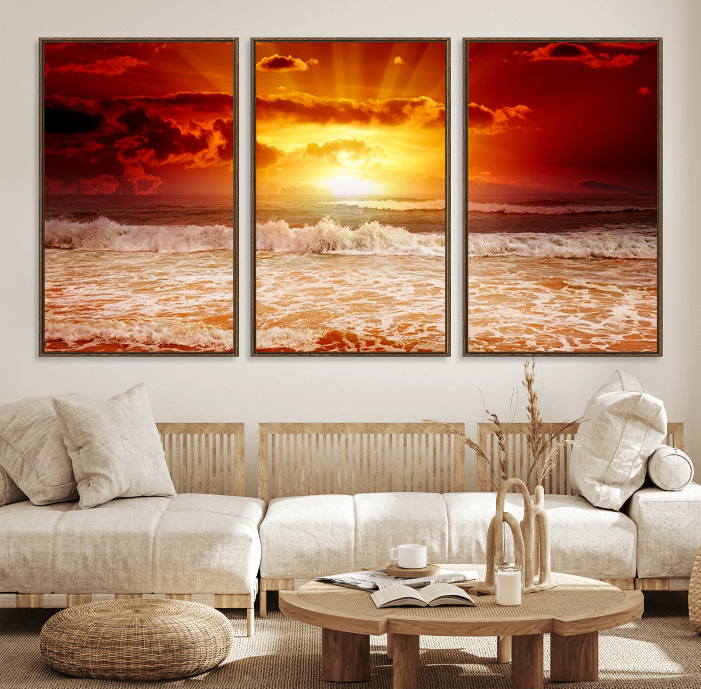 60211-MGV-CV-36X24-Fiery Sunset Ocean Waves Canvas Print – Vibrant Red & Orange Coastal Wall Art, Dramatic Seascape Decor