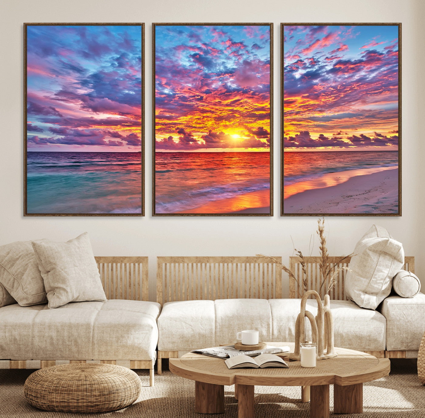 72836-MGV-CV-36X24-Fiery Sunset Beach Wall Art – Panoramic Vibrant Ocean Canvas Print, Dramatic Coastal Decor for Living Room, Bedroom or Office