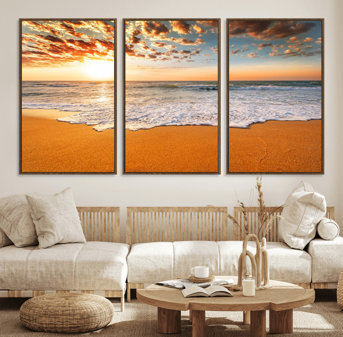 15399-MGV-CV-36X24-Golden Sunrise Beach Wall Art – Ocean Waves on Sandy Shore Canvas Print, Coastal Seascape Decor for Living Room or Bedroom