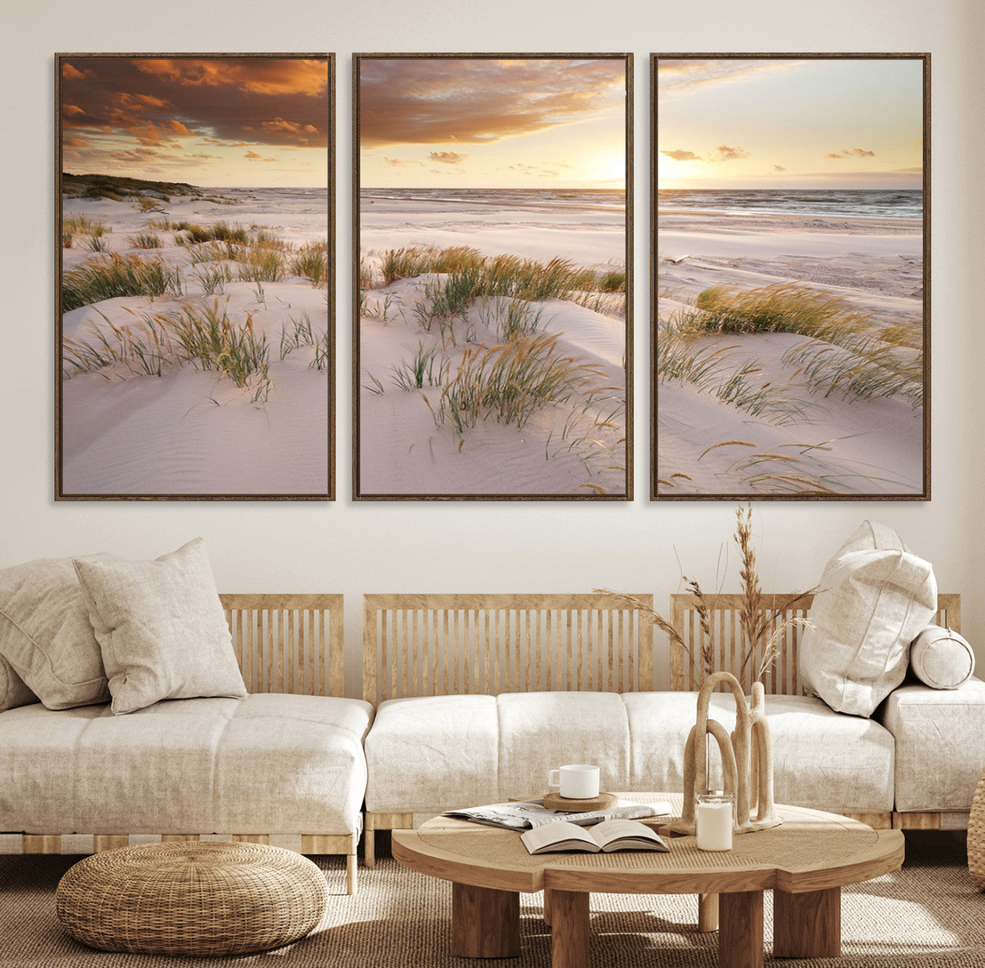 61246-MGV-CV-36X24-Coastal Sand Dunes Wall Art – Serene Beach Sunset Canvas Print with Grasses and Ocean View, Tranquil Seaside Decor for Living Room