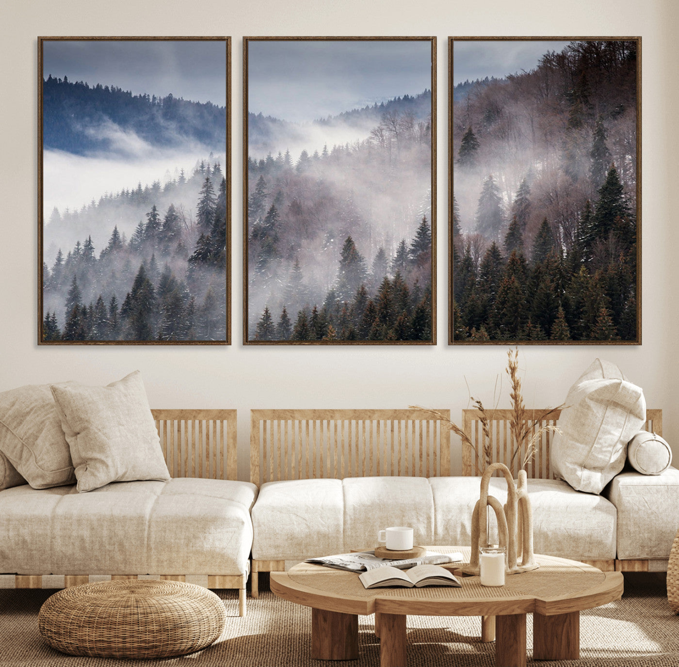 18459-MGV-FC-60X30-3P_Walnut-Misty Pine Forest Wall Art – Serene Mountain Landscape Canvas Print, Tranquil Nature Artwork for Living Room, Bedroom, Cabin or