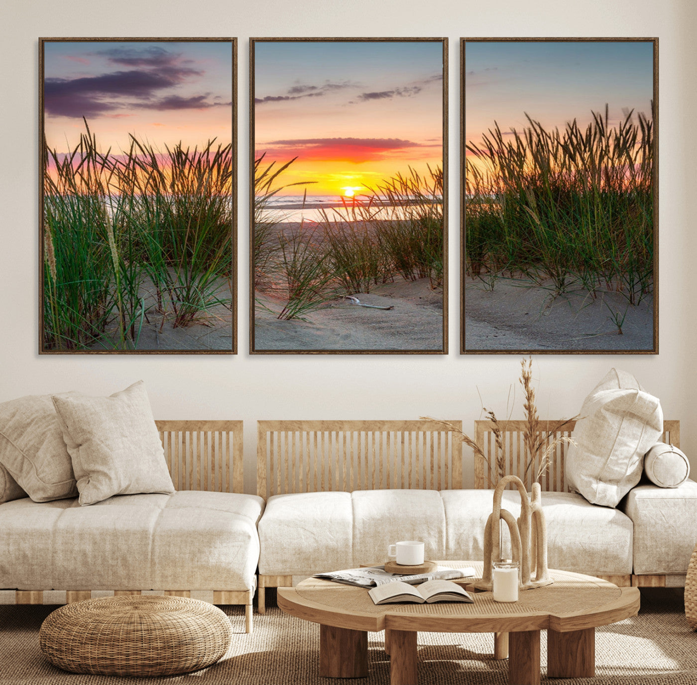25576-MGV-CV-36X24-Beach Grass Sunset Wall Art – Coastal Sand Dune Landscape Canvas Print, Ocean View Nature Decor for Living Room or Office Wall