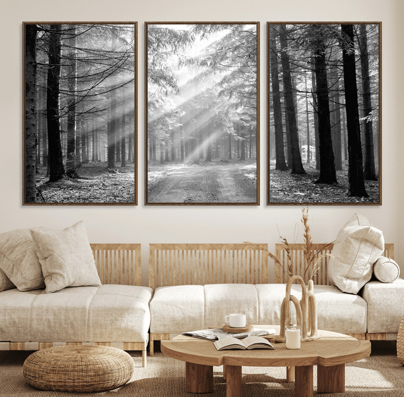 39665-MGV-FC-60X30-3P_Walnut-Black and White Forest Path Wall Art – Sunlight Rays in Trees Canvas Print, Nature Landscape Decor for Living Room or Office