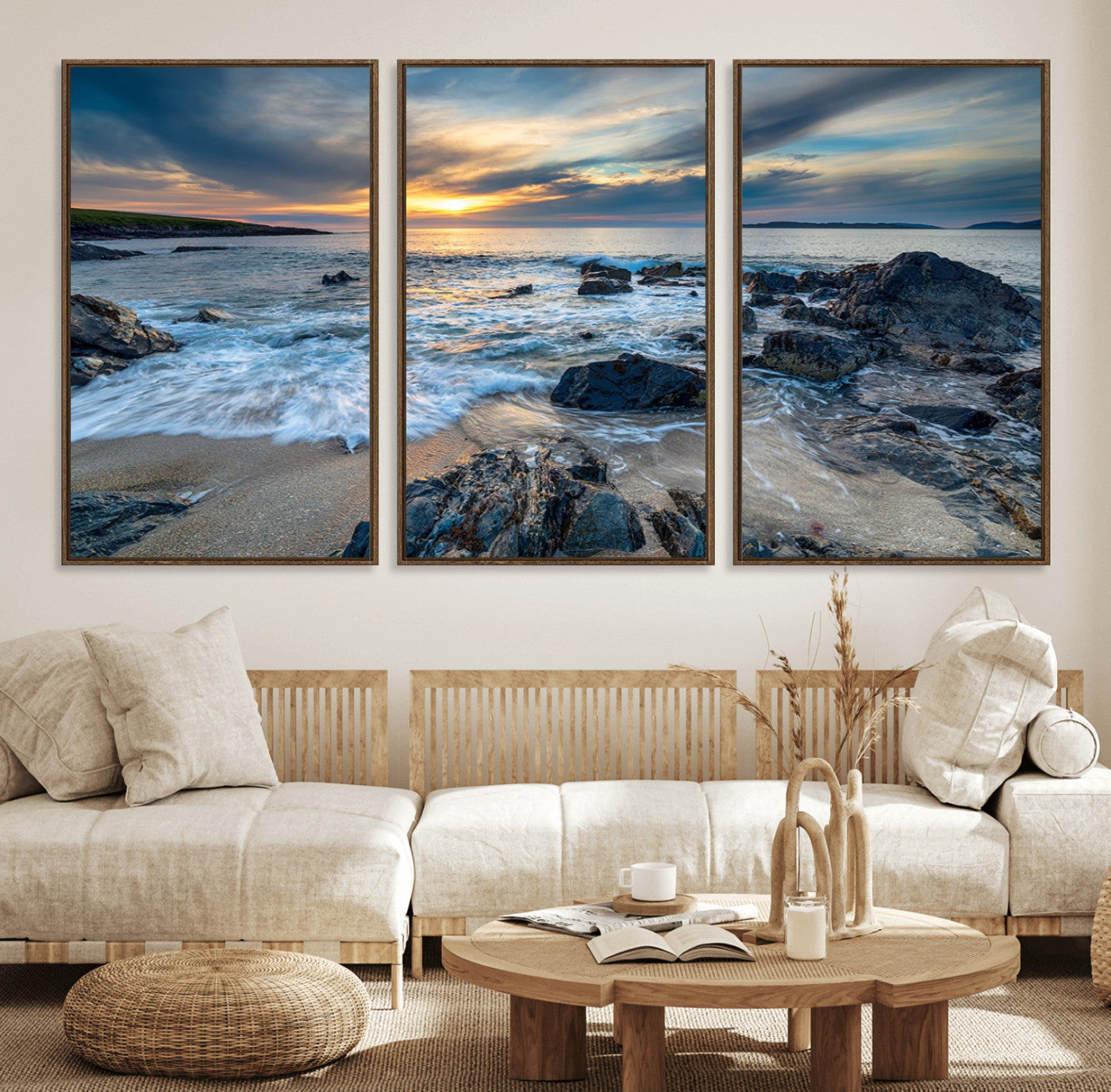 17902-MGV-CV-36X24-Rocky Shore Ocean Sunset Wall Art – Coastal Seascape Canvas Print, Nature Beach Decor for Living Room or Office