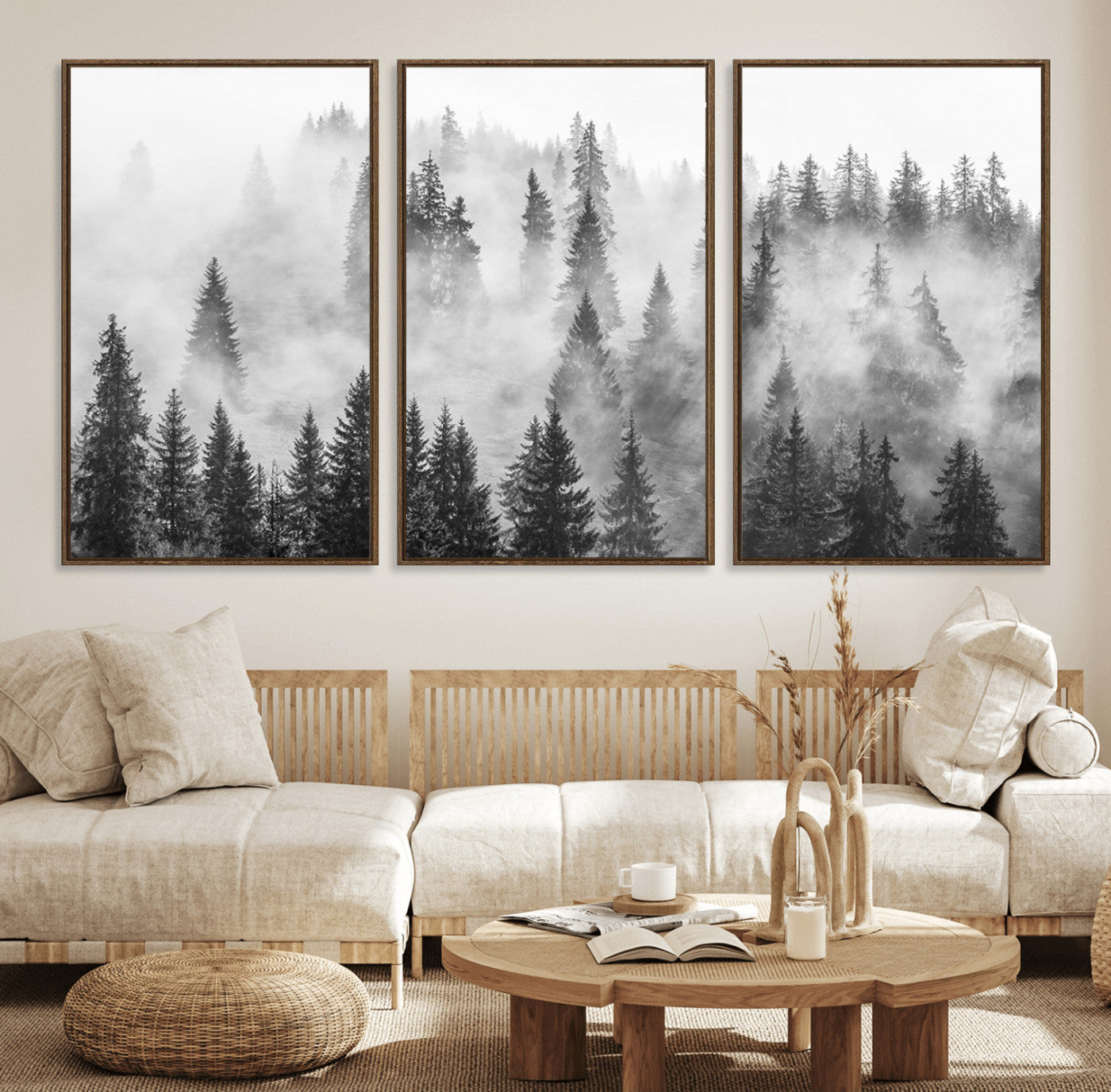 10422-MGV-CV-36X24-Misty Pine Forest Wall Art – Black and White Foggy Landscape Canvas Print, Serene Nature Woodland Decor for Bedroom, Office or