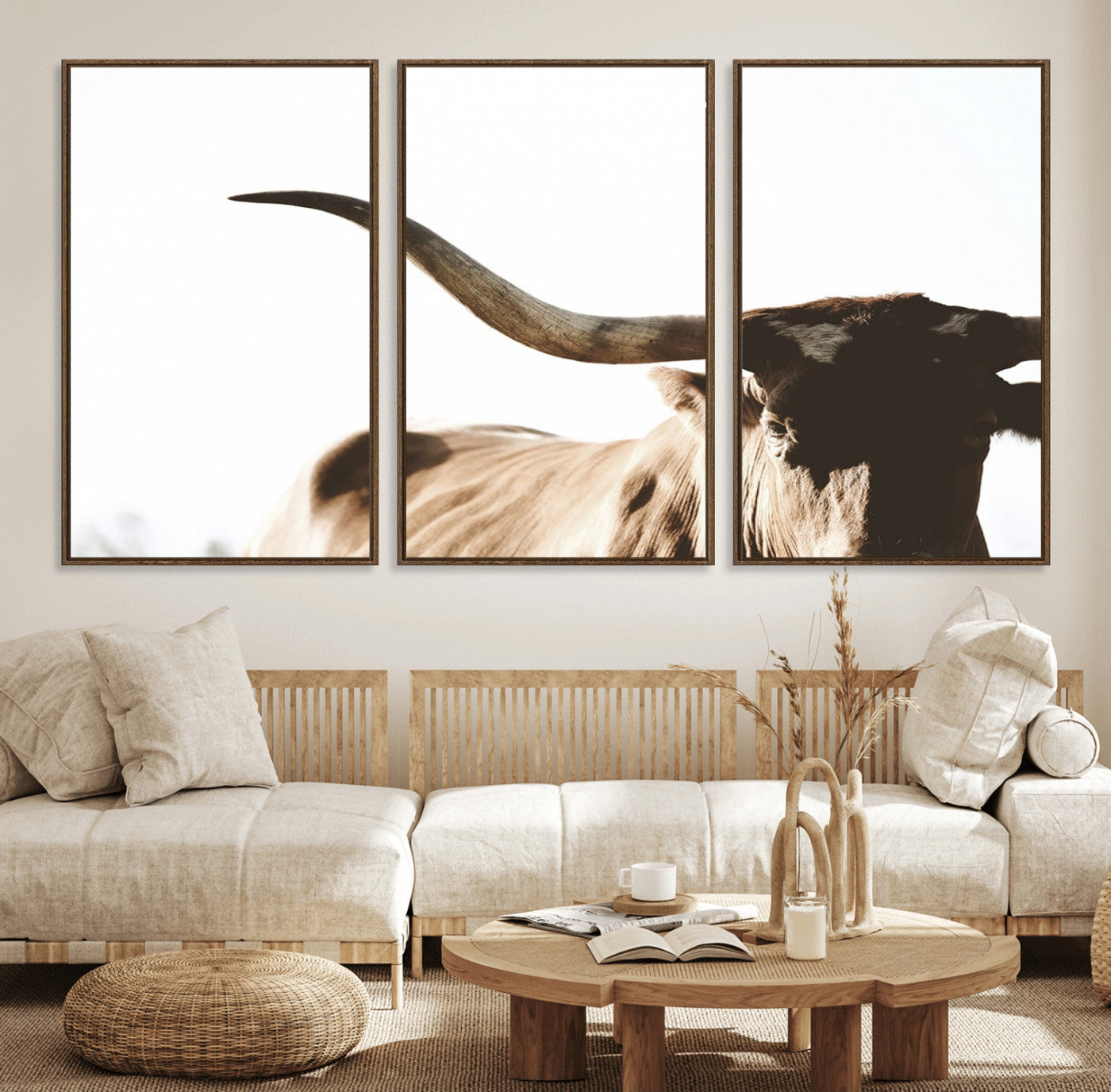 35866-MGV-FC-60X30-3P_Walnut-Texas Longhorn Wall Art – Rustic Western Bull Canvas Print, Farmhouse Animal Photography Decor for Living Room, Office, or Ranch