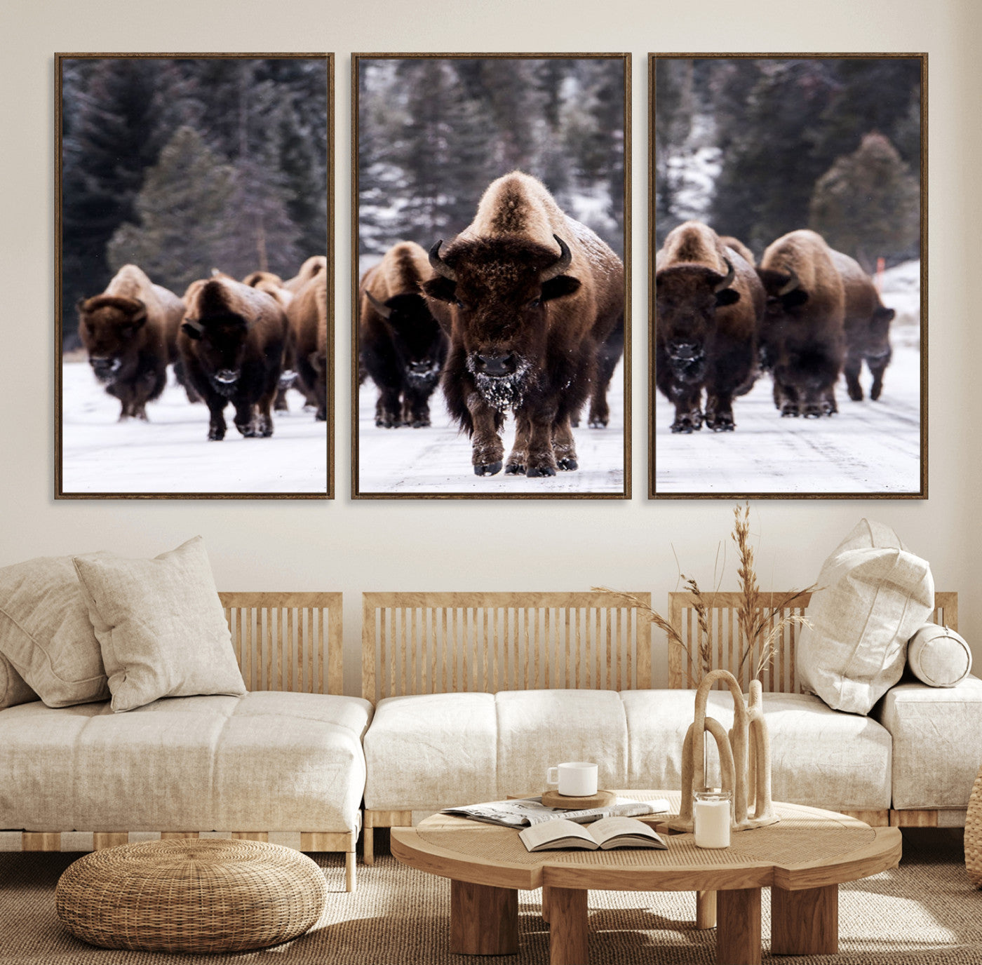 66871-MGV-FC-60X30-3P_Walnut-Bison Herd Wall Art – Wildlife Buffalo Canvas Print, Rustic Western Nature Photography Decor for Living Room, Office, Cabin, or