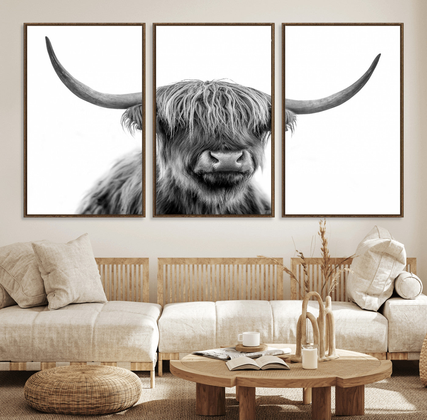 10123-MGV-CV-36X24-Black and White Highland Cow Wall Art – Modern Farmhouse Animal Print, Rustic Scottish Bull Canvas Decor for Living Room, Bedroom,
