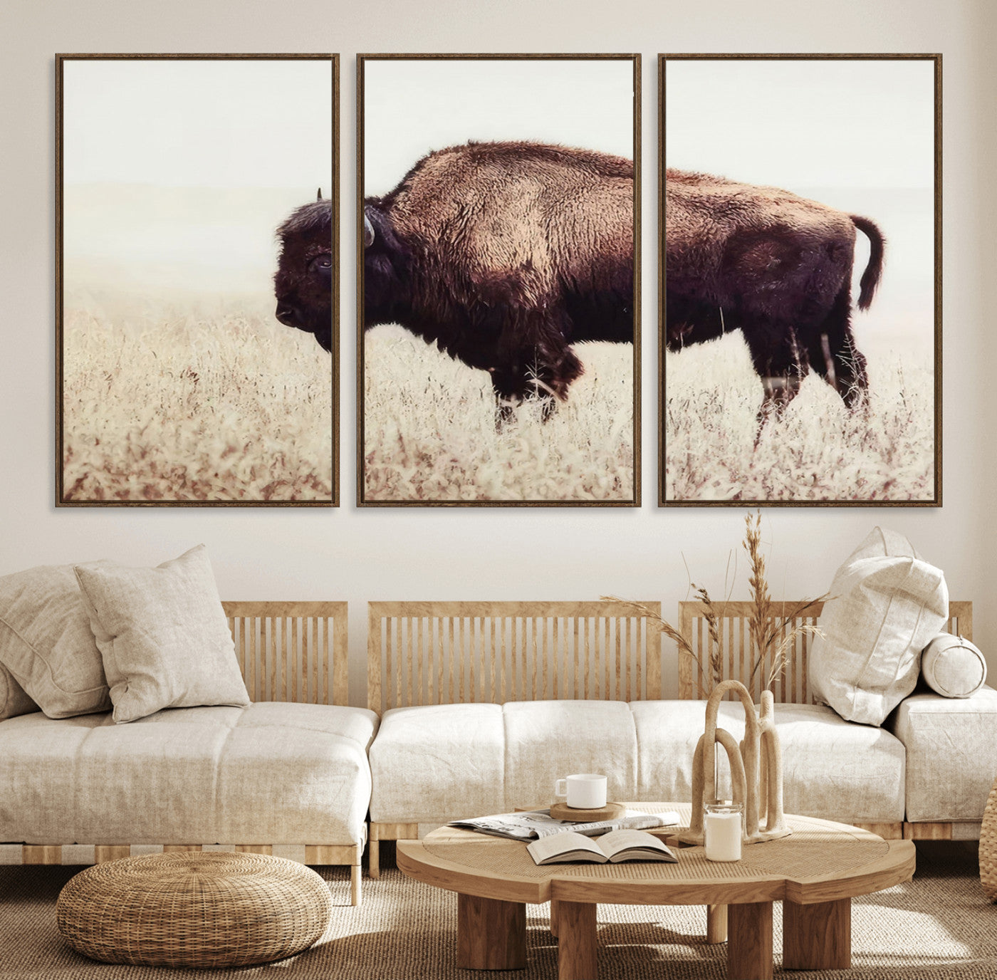 48406-MGV-CV-36X24-American Bison Wall Art – Rustic Buffalo Canvas Print in Prairie Field, Western Wildlife Photography Decor for Cabin, Lodge,