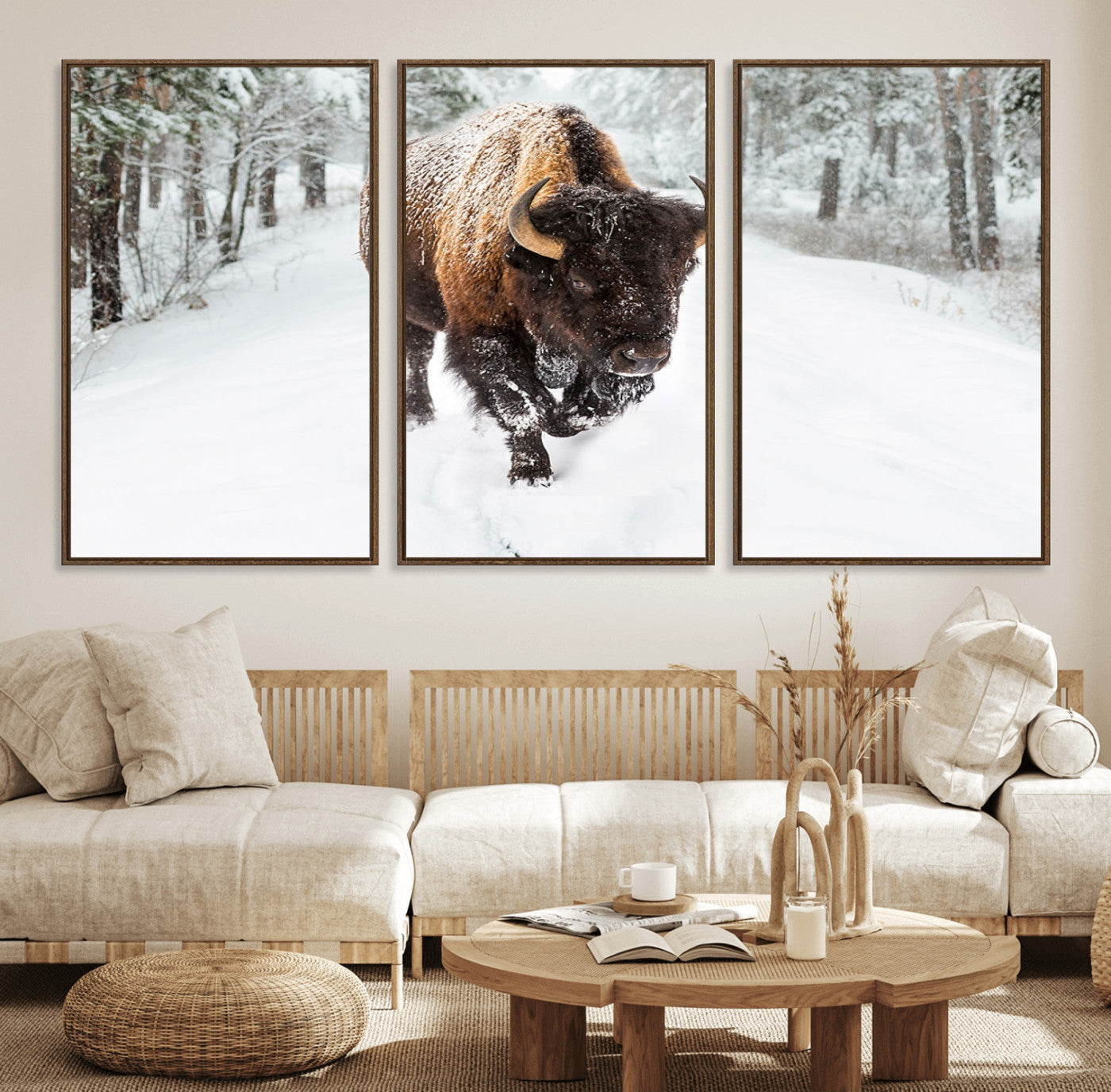 10109-MGV-CV-36X24-Majestic Bison Winter Wall Art – Snowy Forest Buffalo Canvas Print, Rustic Wildlife Photography Decor for Cabin, Lodge, Living