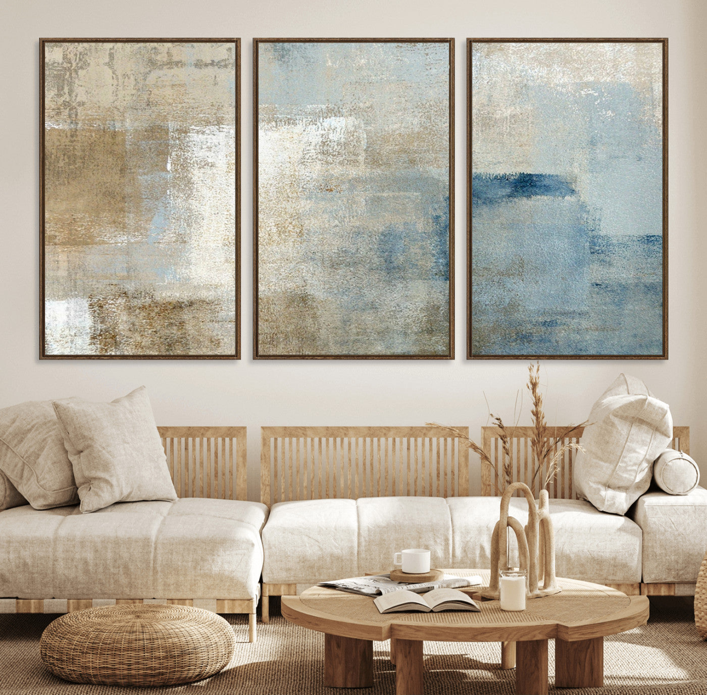 38126-MGV-CV-36X24-Neutral Abstract Wall Art – Modern Beige and Blue Canvas Print and Minimalist Textured Painting for Living Room, Bedroom or Office
