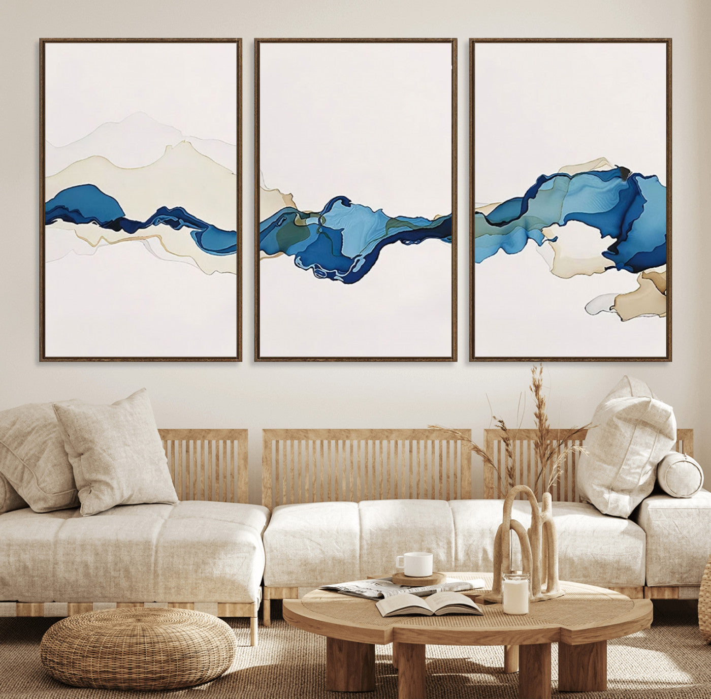 95528-MGV-FC-60X30-3P_Walnut-Abstract Blue Wave Wall Art – Modern Ocean Inspired Canvas Print, Minimalist Fluid Painting for Living Room, Bedroom or Office
