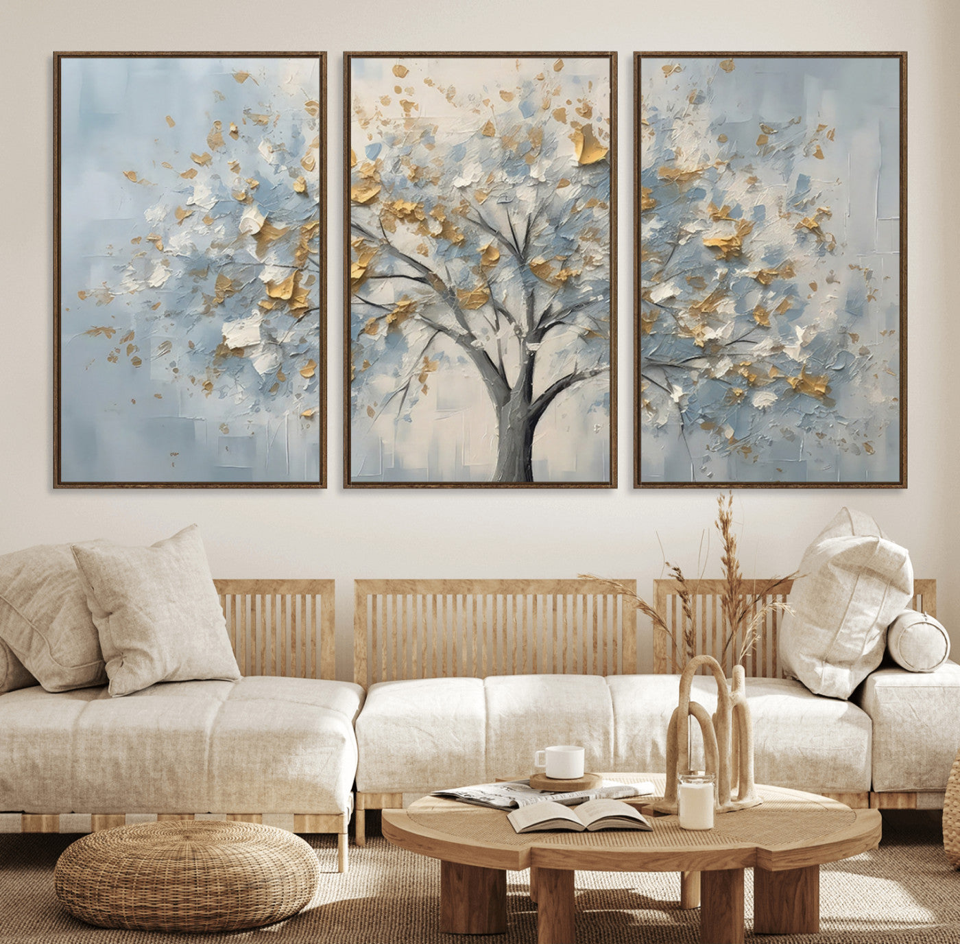 65811-MGV-CV-36X24-Abstract Tree Wall Art – Textured Canvas Painting with Gold and White Leaves, Modern Nature Inspired Decor for Living Room or