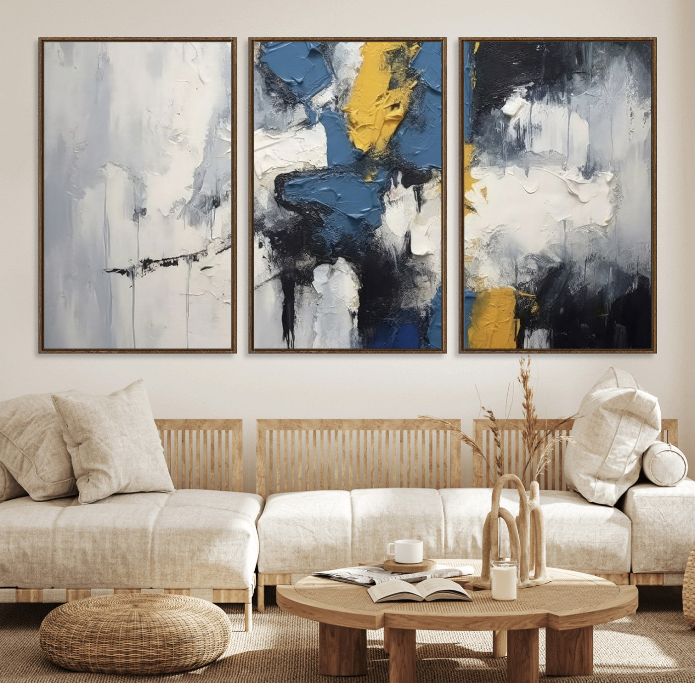 63850-MGV-FC-60X30-3P_Walnut-Abstract Blue and Yellow Wall Art – Modern Textured Canvas Painting, Bold Contemporary Artwork for Living Room, Bedroom or Office