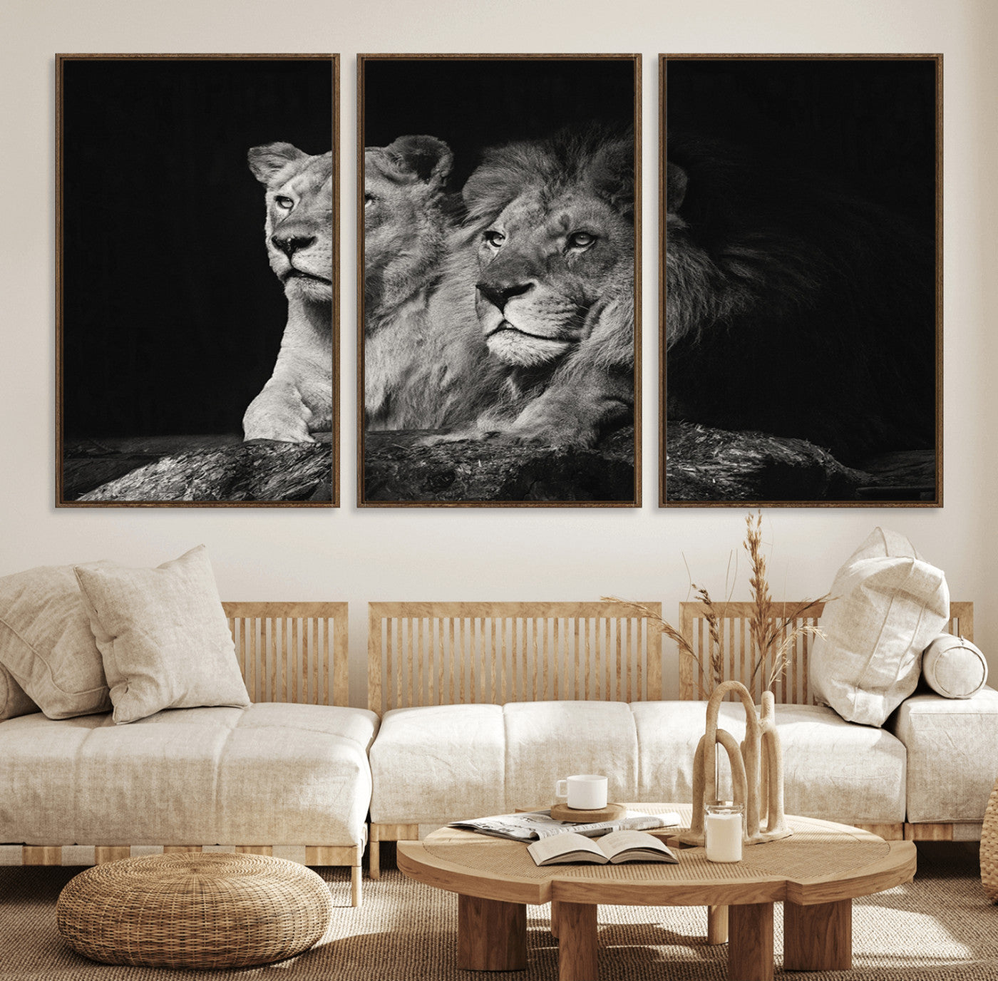 80013-MGV-FC-60X30-3P_Walnut-Lion and Lioness Wall Art – Black and White Wildlife Photography Canvas Print, African Safari Animal Decor for Office, Bedroom, or