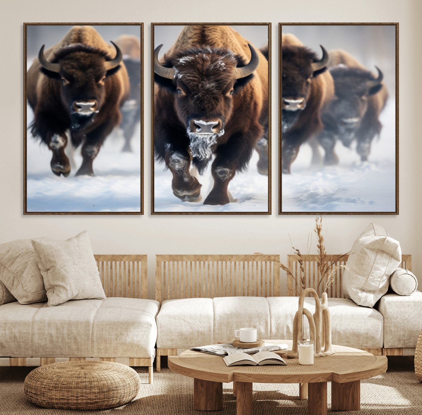 80512-MGV-CV-36X24-Bison Herd Wall Art – Buffalo Running in Snow Canvas Print, Rustic Wildlife Photography Decor for Cabin, Lodge, or Living Room