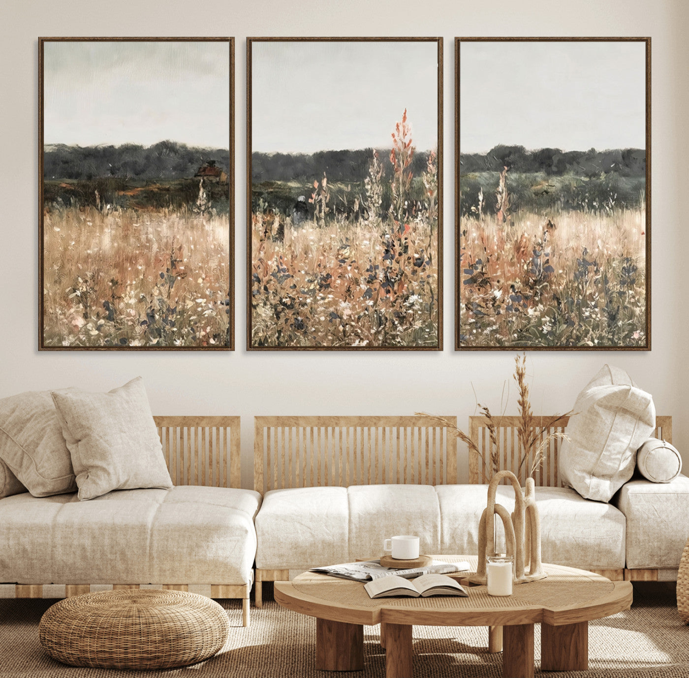 46308-MGV-FC-60X30-3P_Walnut-Wildflower Field Wall Art – Rustic Meadow Landscape Canvas Print, Country Nature Decor for Living Room, Bedroom or Farmhouse