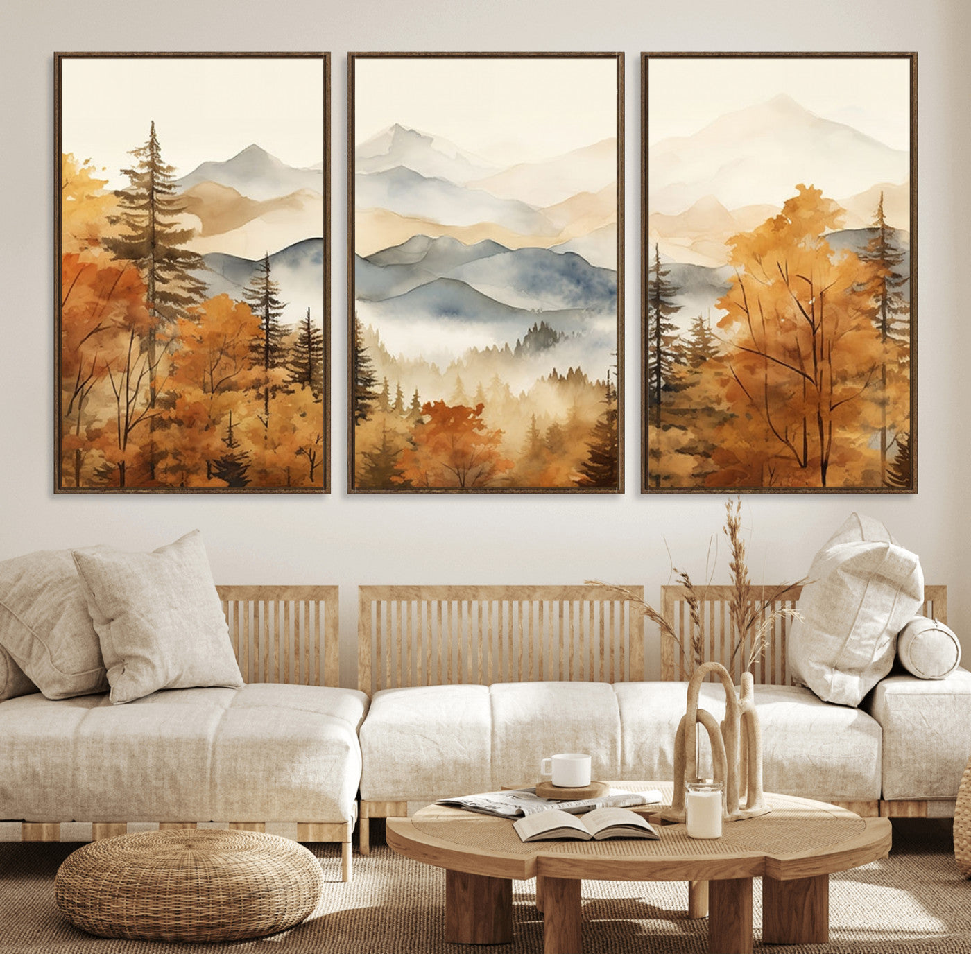72950-MGV-FC-60X30-3P_Walnut-Autumn Mountain Forest Wall Art – Golden Fall Landscape Canvas Print, Nature-Inspired Home Decor for Living Room, Bedroom or