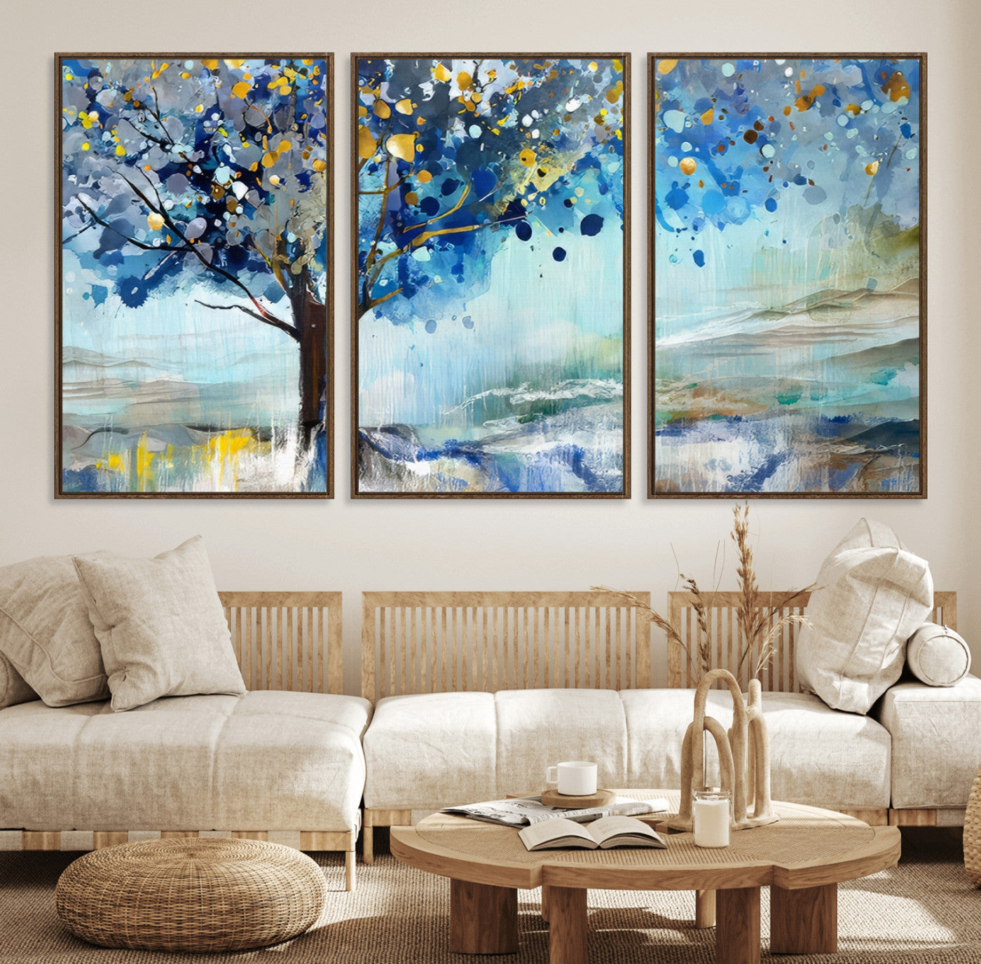 17018-MGV-FC-60X30-3P_Walnut-Abstract Blue Tree Wall Art – Colorful Canvas Painting with Gold and Silver Accents, Modern Nature Artwork for Living Room,