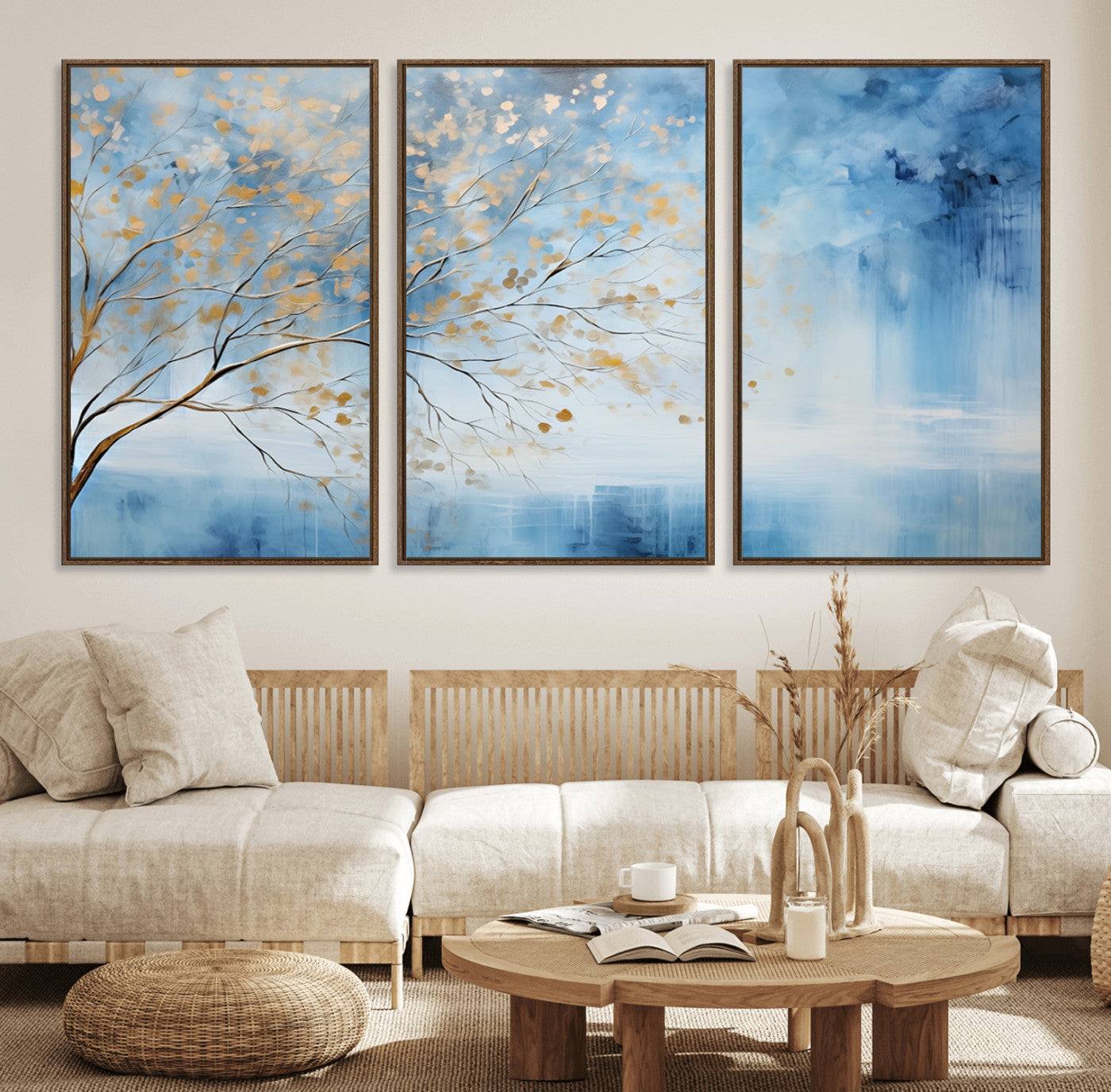 23891-MGV-FC-60X30-3P_Walnut-Abstract Tree Wall Art – Minimalist Blue and Gold Canvas Painting, Elegant Nature-Inspired Artwork for Living Room, Bedroom or